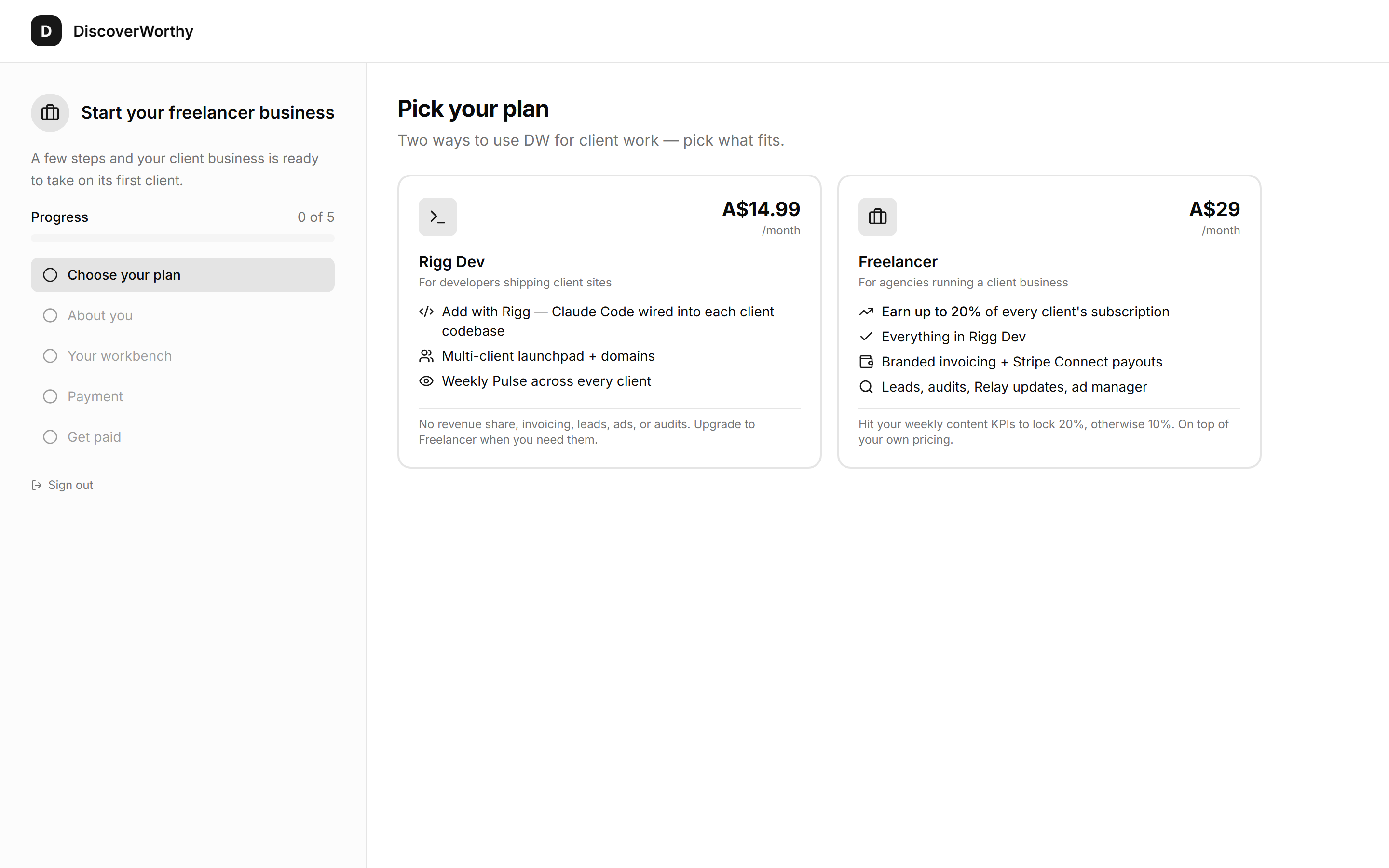 The plan picker showing Rigg Dev and Freelancer side by side.