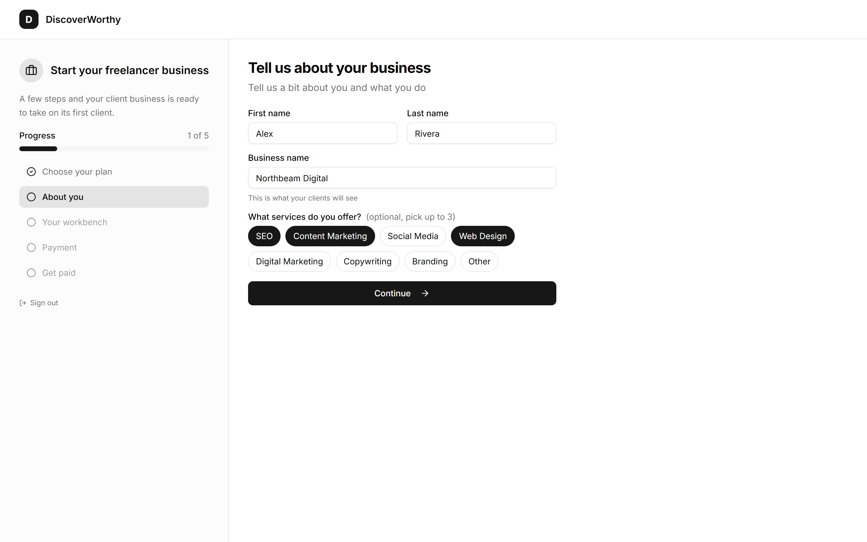 The About You form with name, business name, and three services selected.