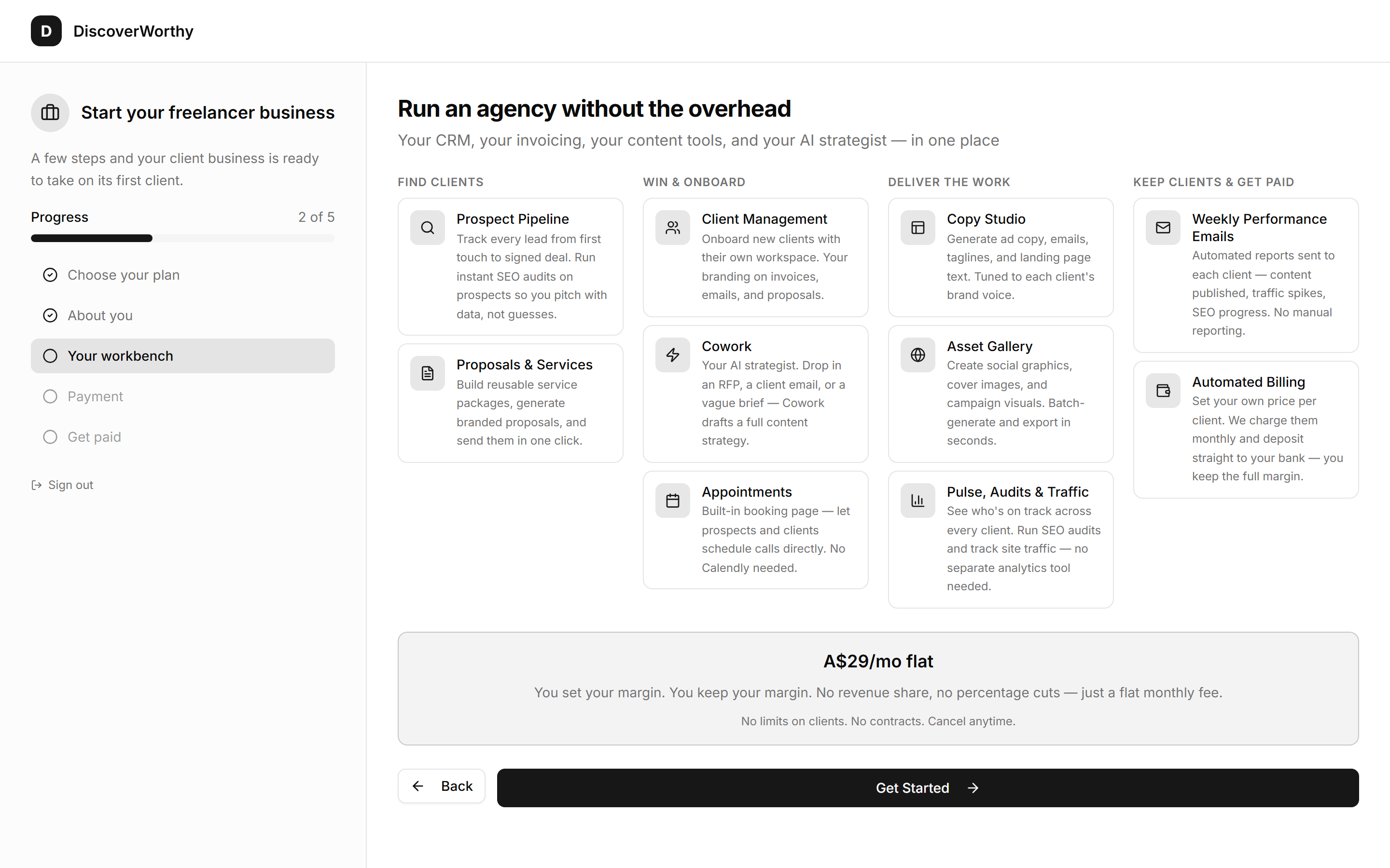 The workbench overview grouped by find, win, deliver, and get paid.