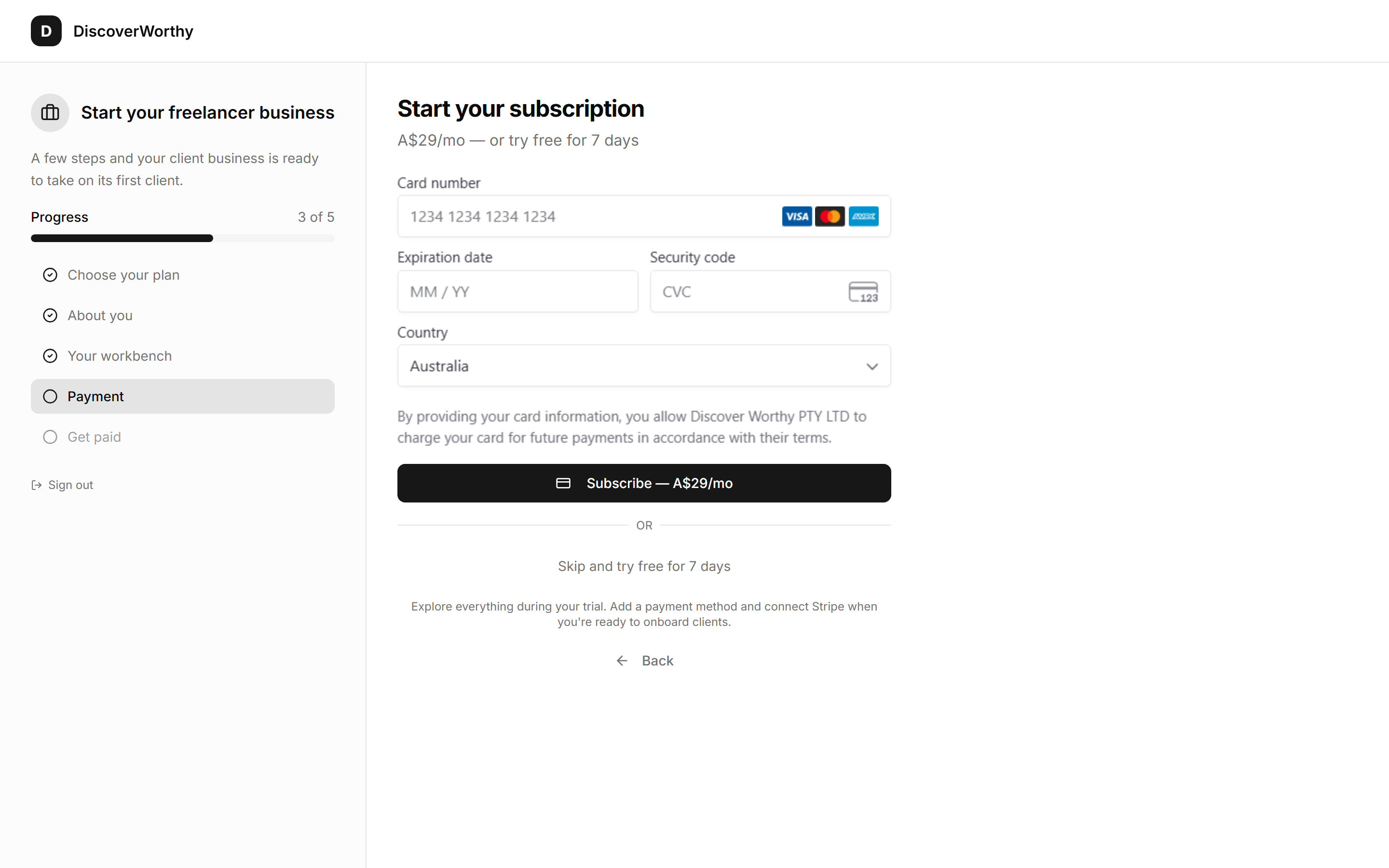 The subscription screen with an empty card form and a link to skip and start a free trial.