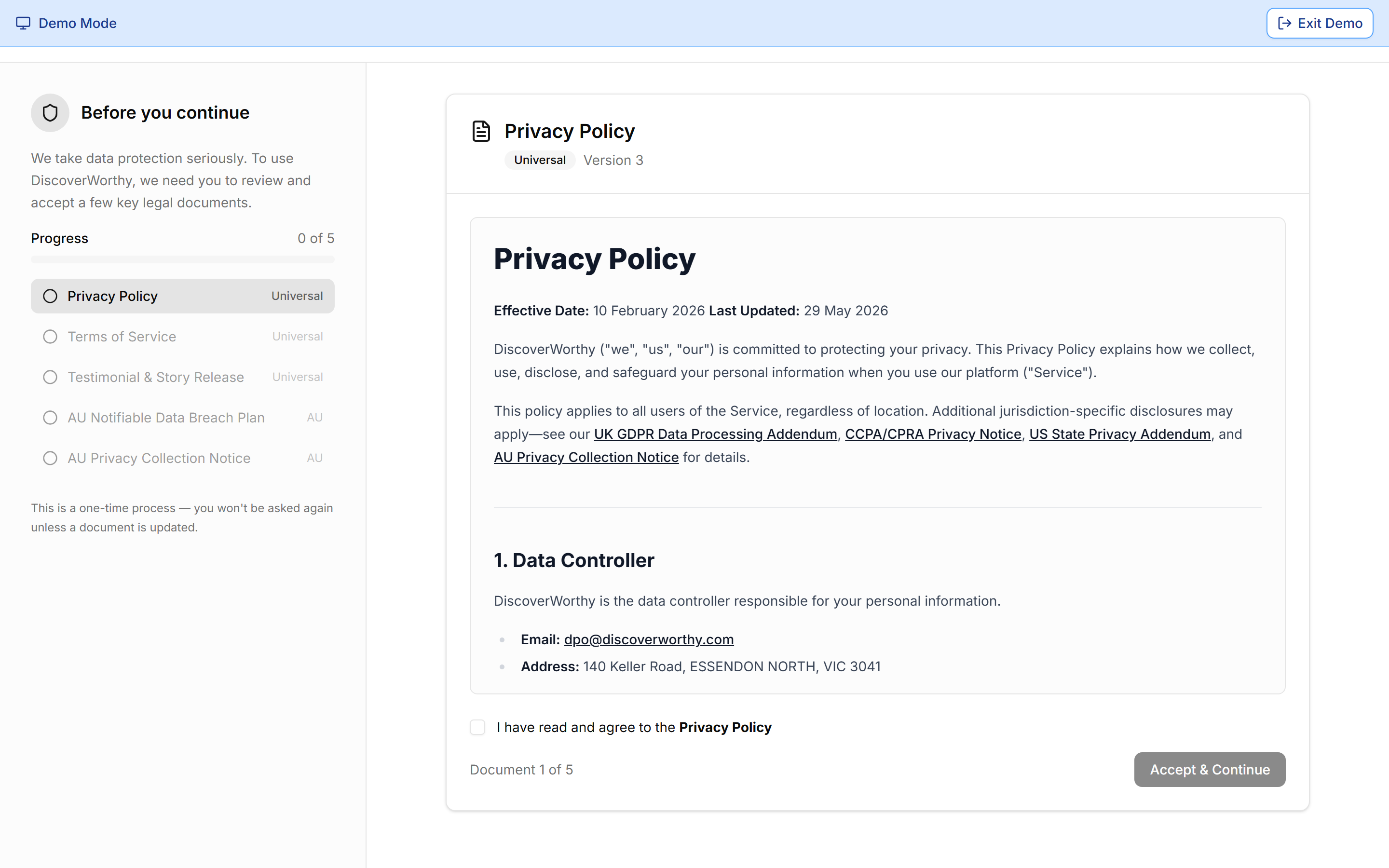 The legal acceptance screen showing document progress down the left side.