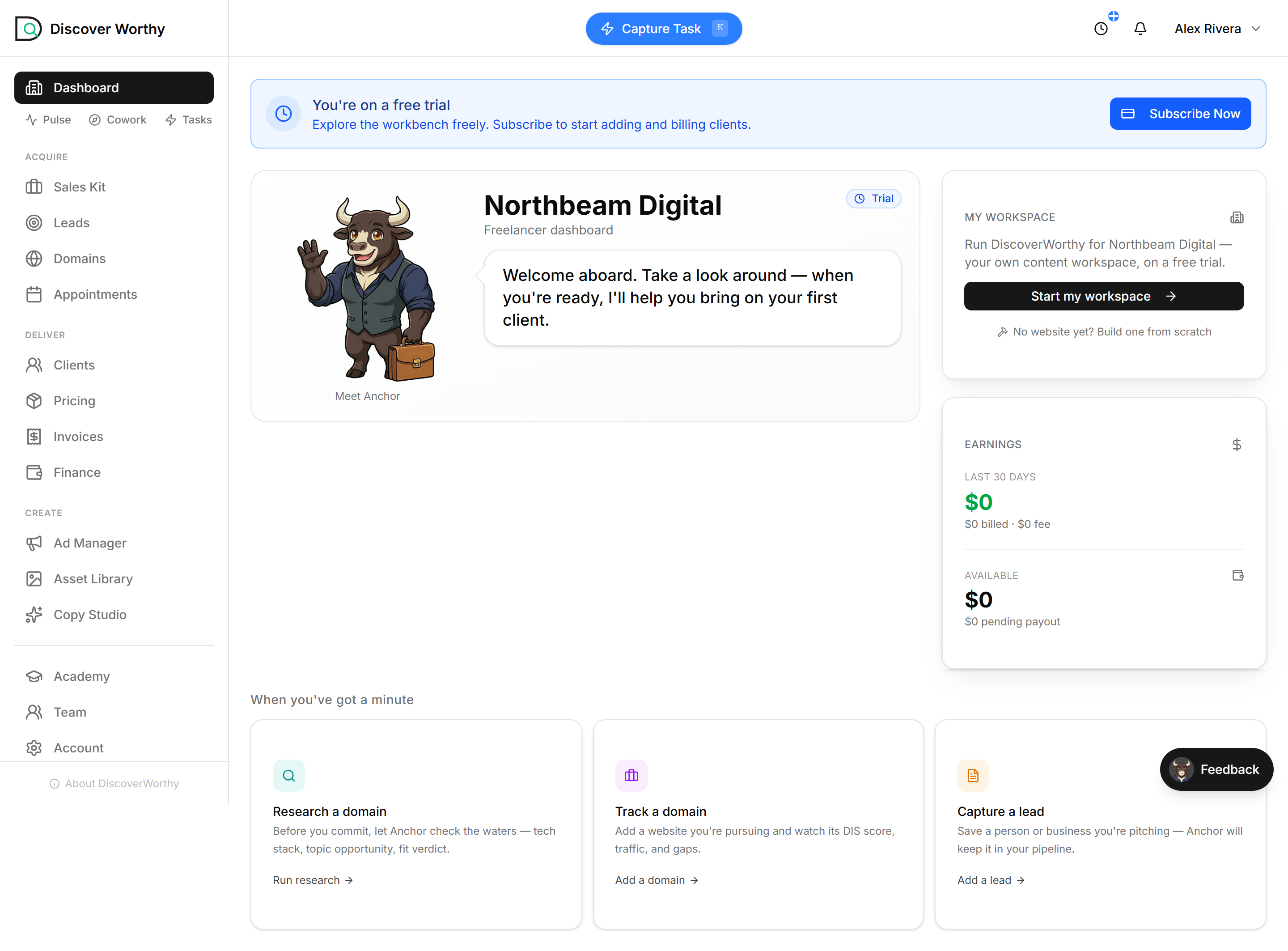 The freelancer dashboard immediately after signing up, with no clients yet.