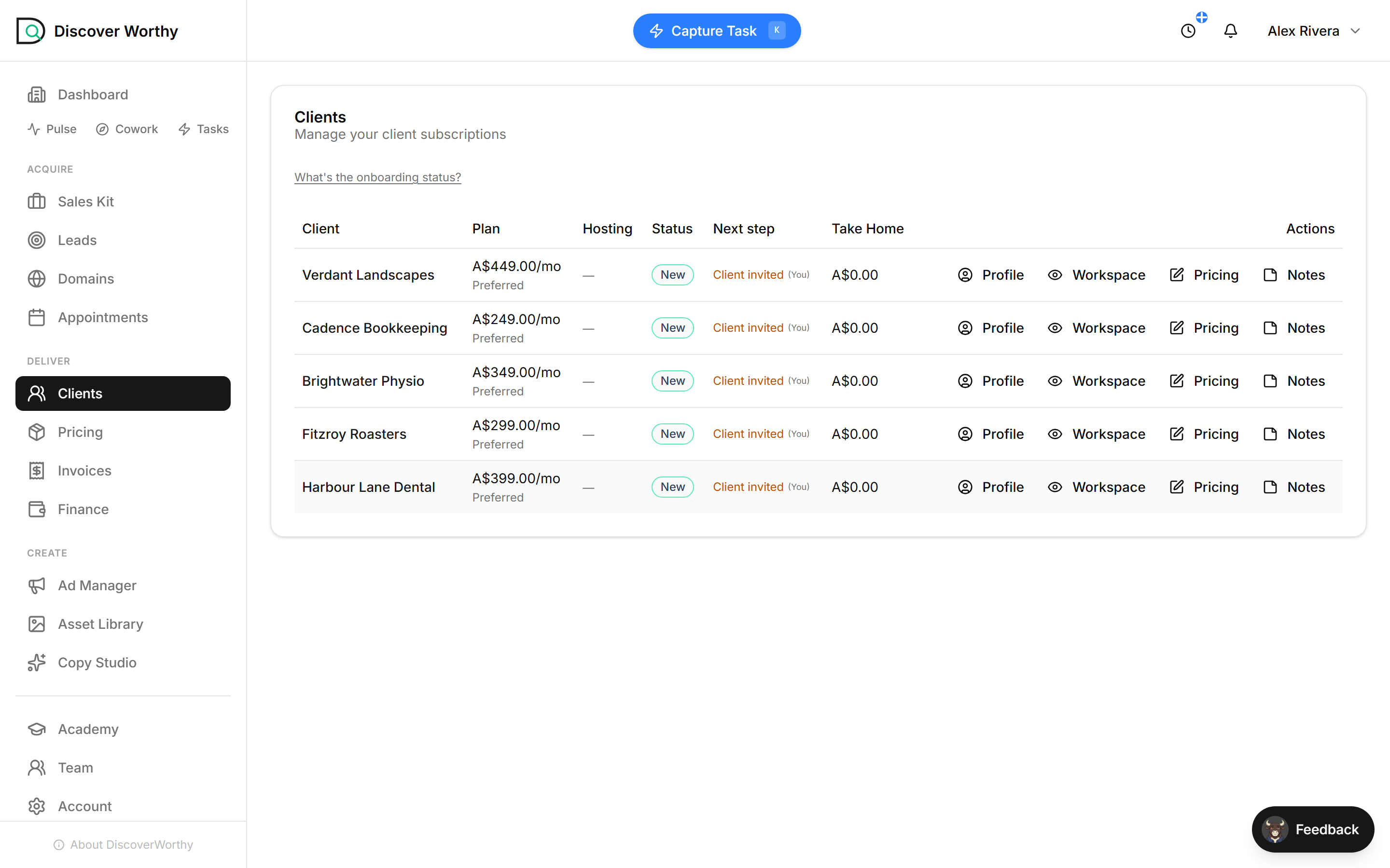 The Clients page listing five clients with their plan, status, next step and take-home.