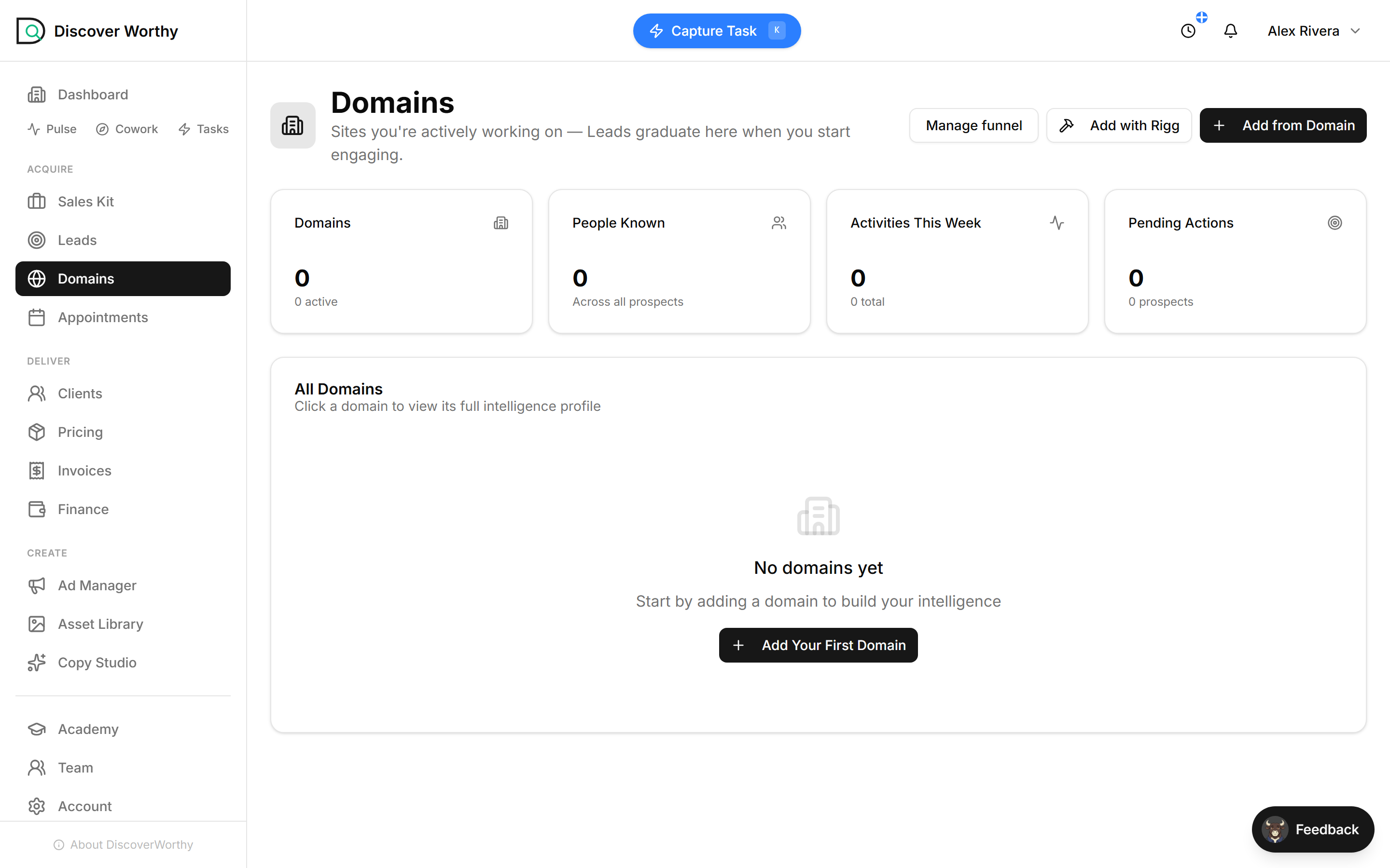 The Domains page with Add from Domain, Add with Rigg and Manage funnel buttons.