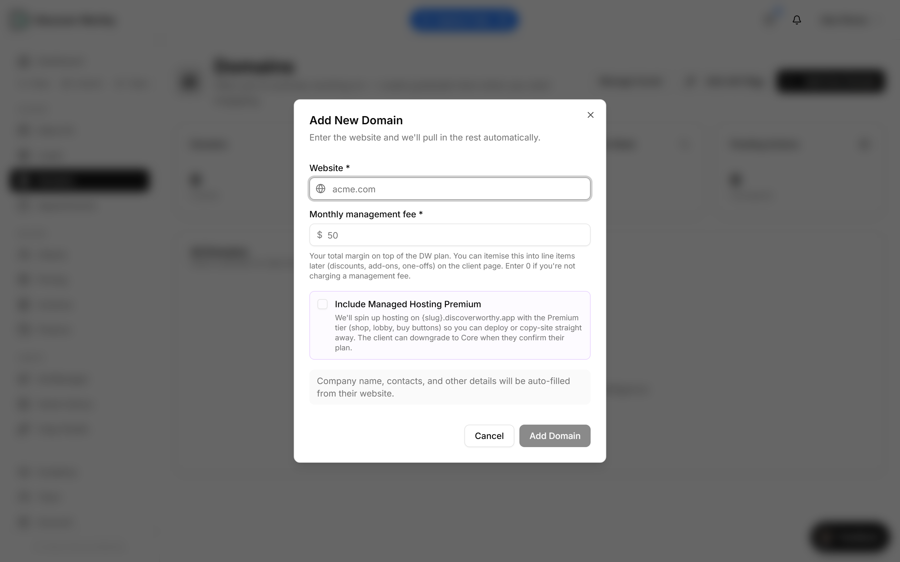 The Add New Domain dialog with fields for the website and a monthly management fee.