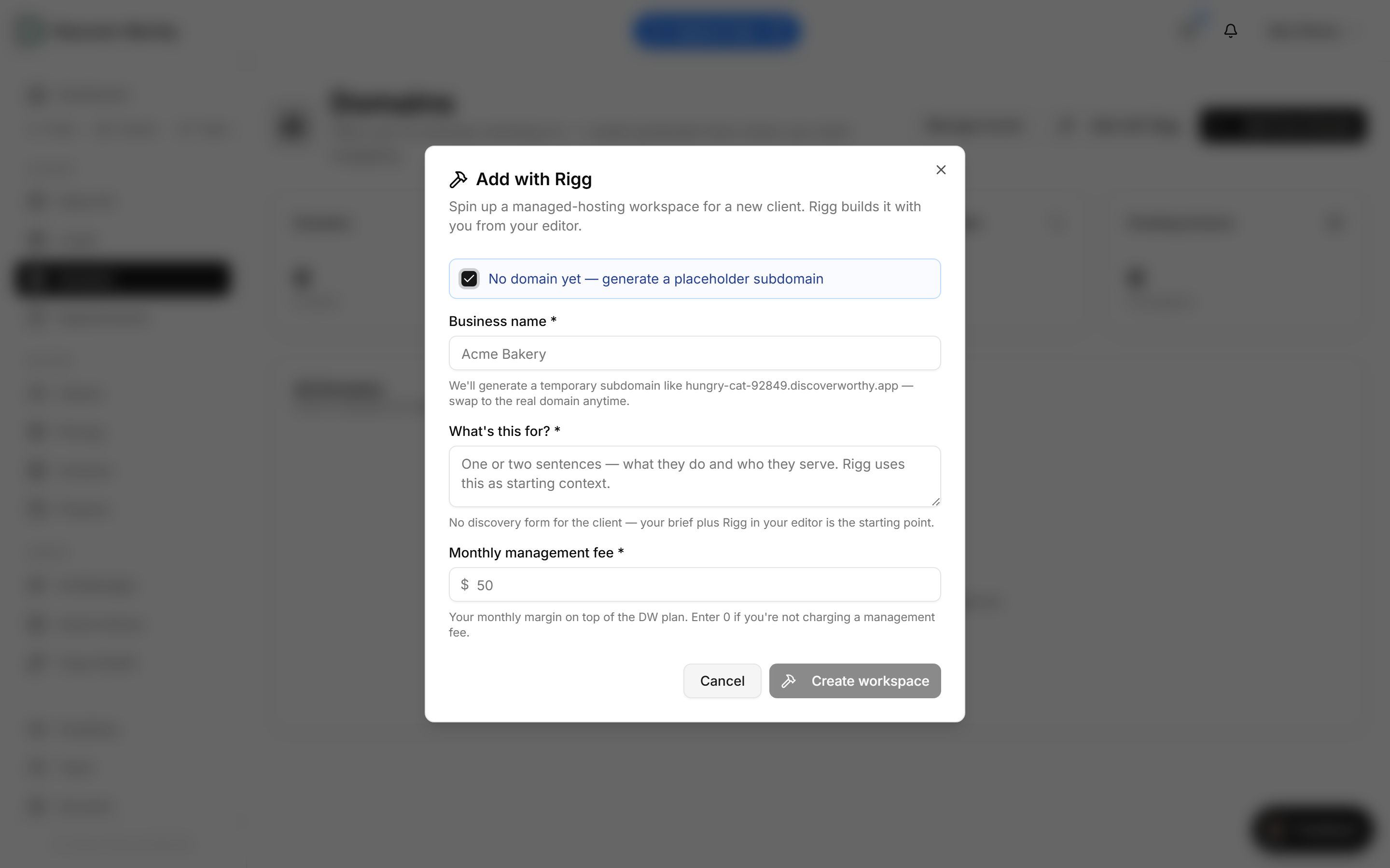 The Add with Rigg dialog in no-domain mode, offering a placeholder subdomain.