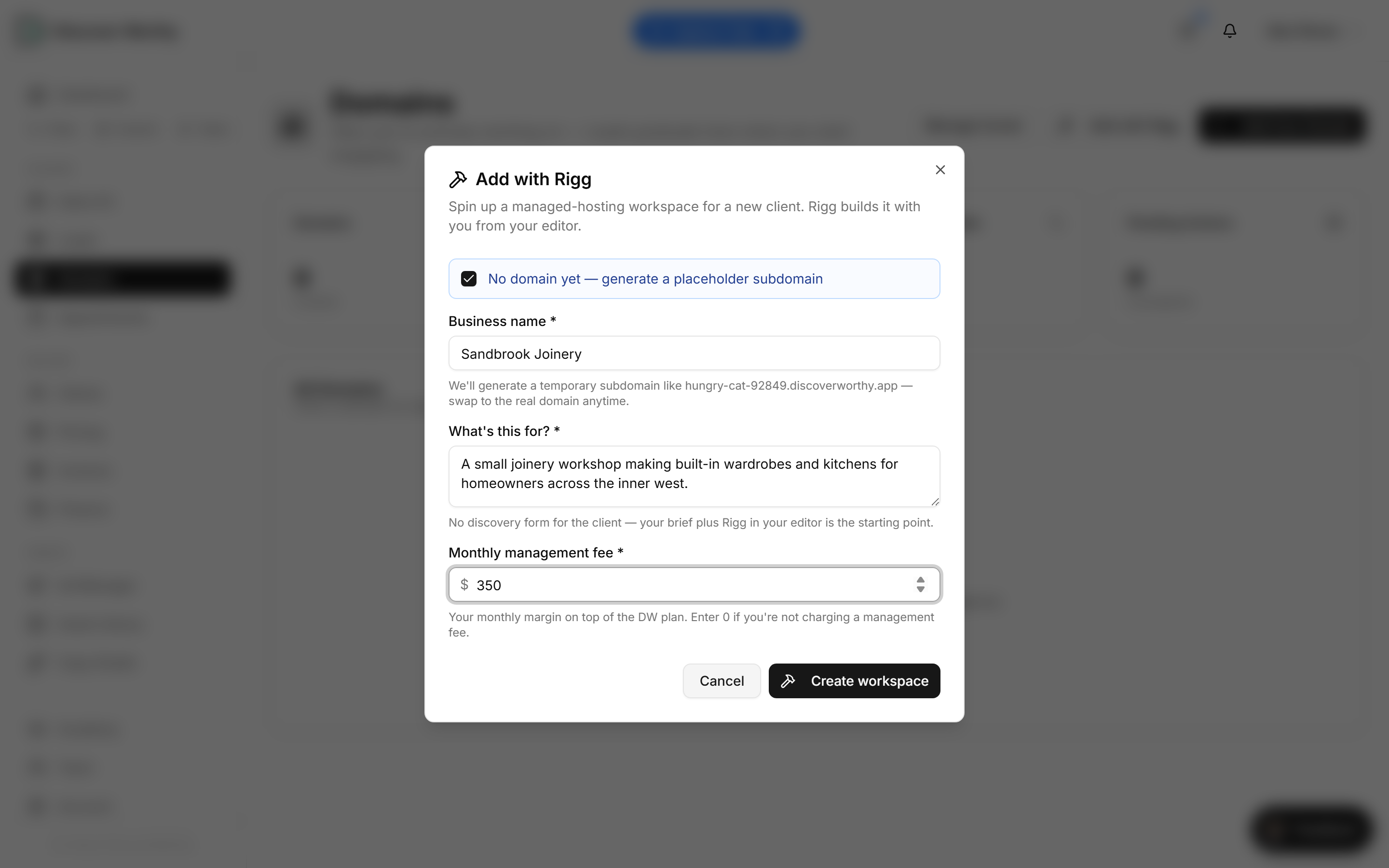 The Add with Rigg dialog filled in with a business name, a brief and a monthly fee.