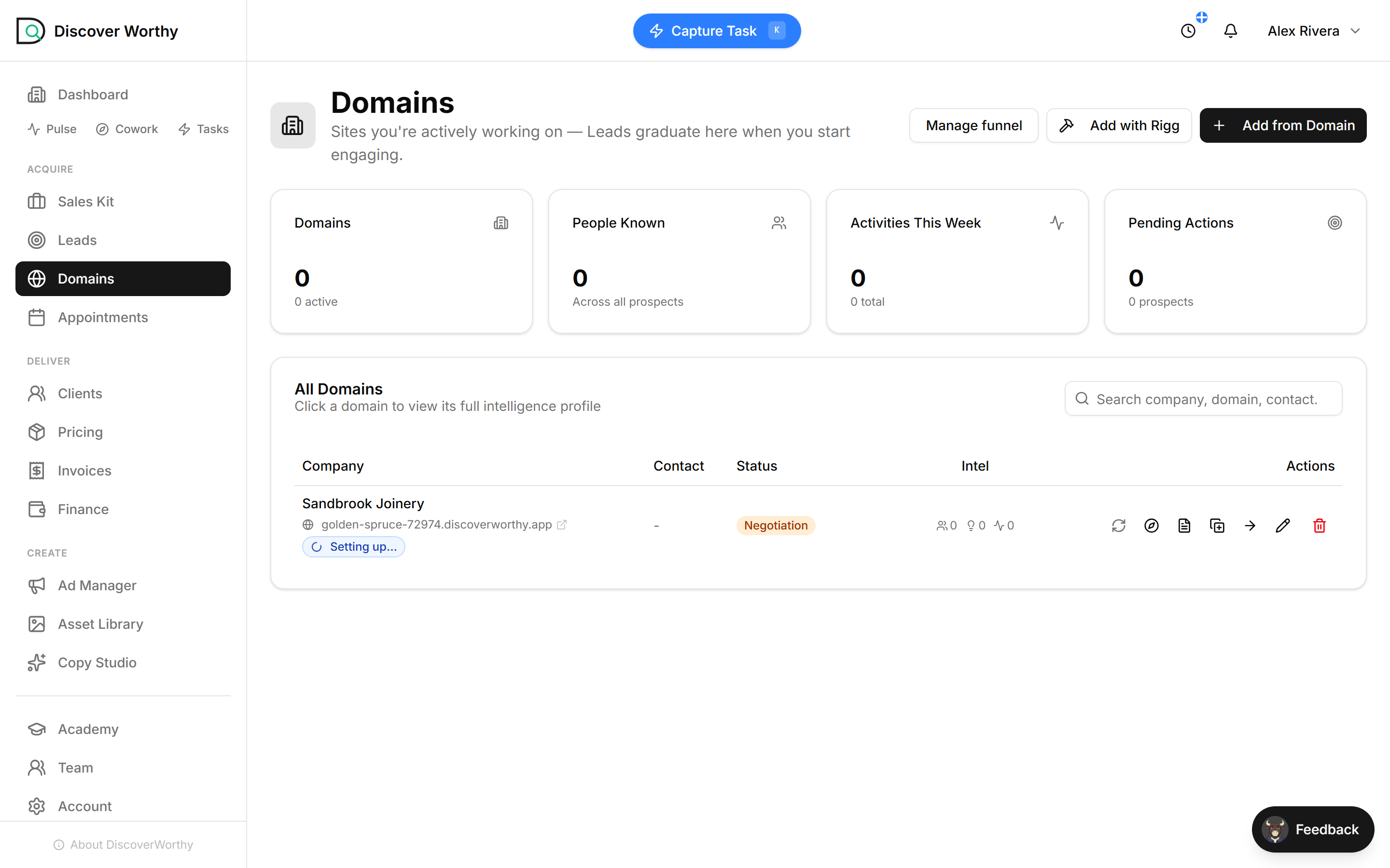 The Domains list showing the new client with a Negotiation status and a setting-up badge.