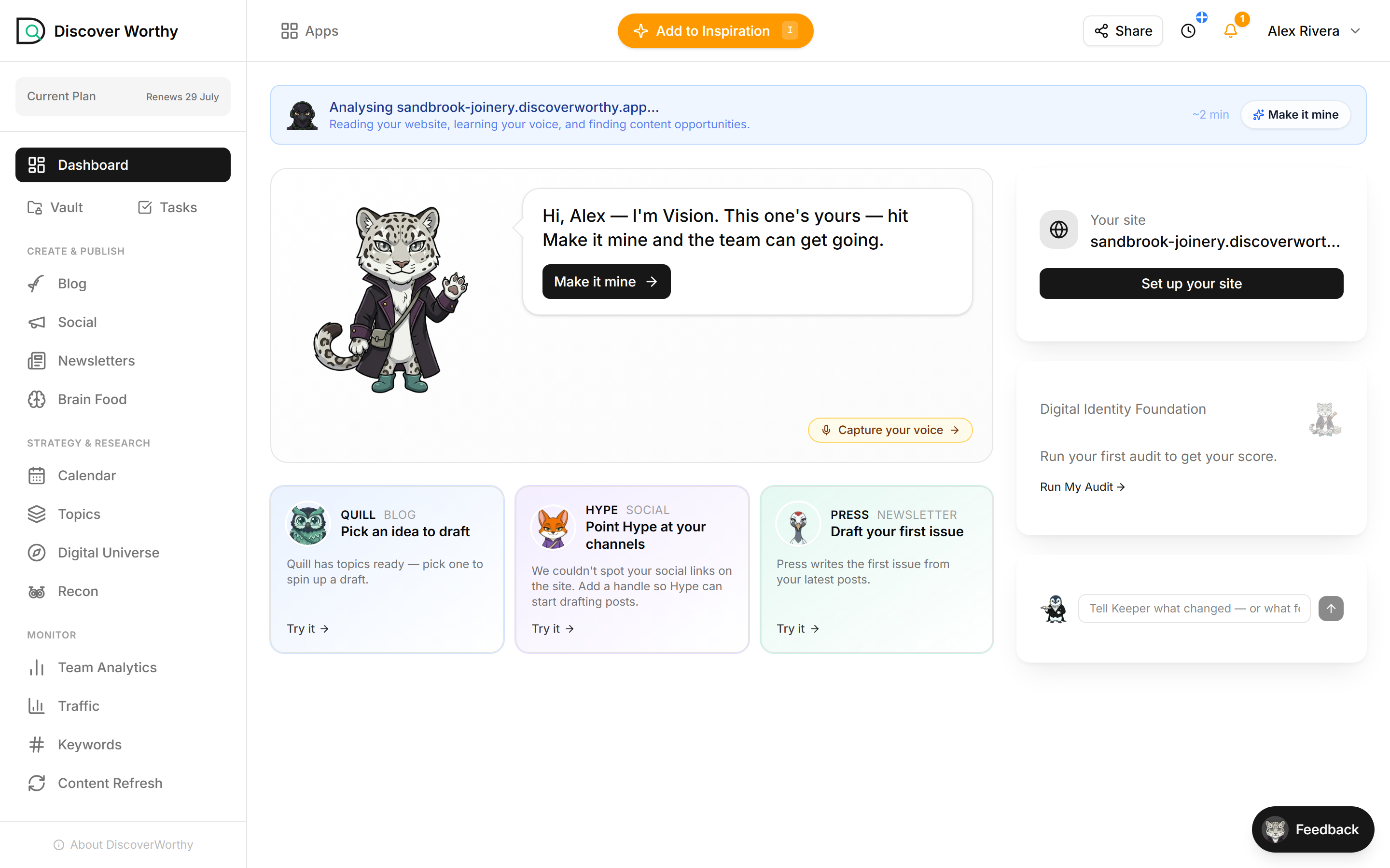 A client workspace open as the freelancer, with the dashboard, Vision and the content agents.