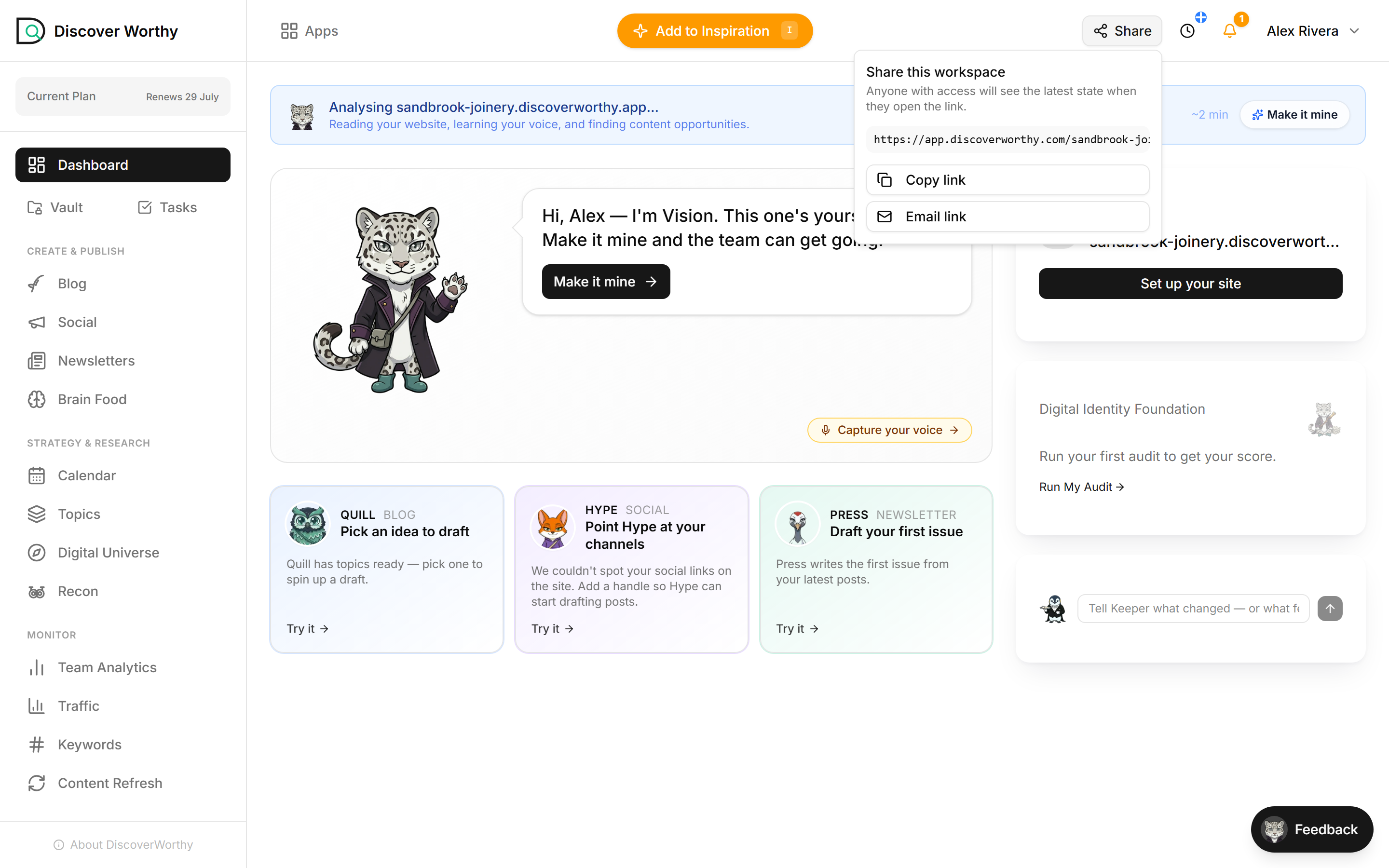 The Share popover showing the workspace link with Copy link and Email link buttons.