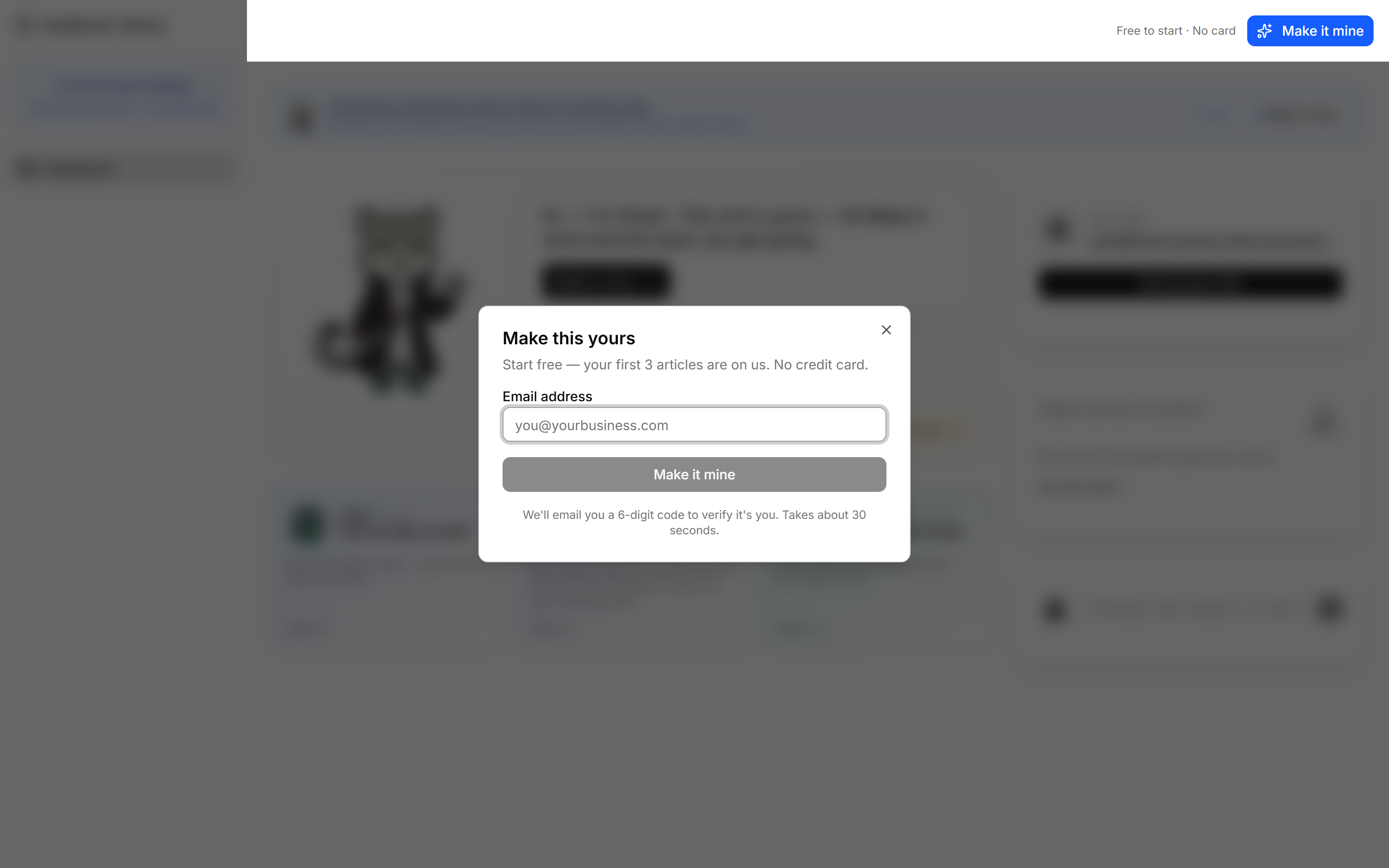 The Make this yours dialog asking for an email address, with no credit card required.