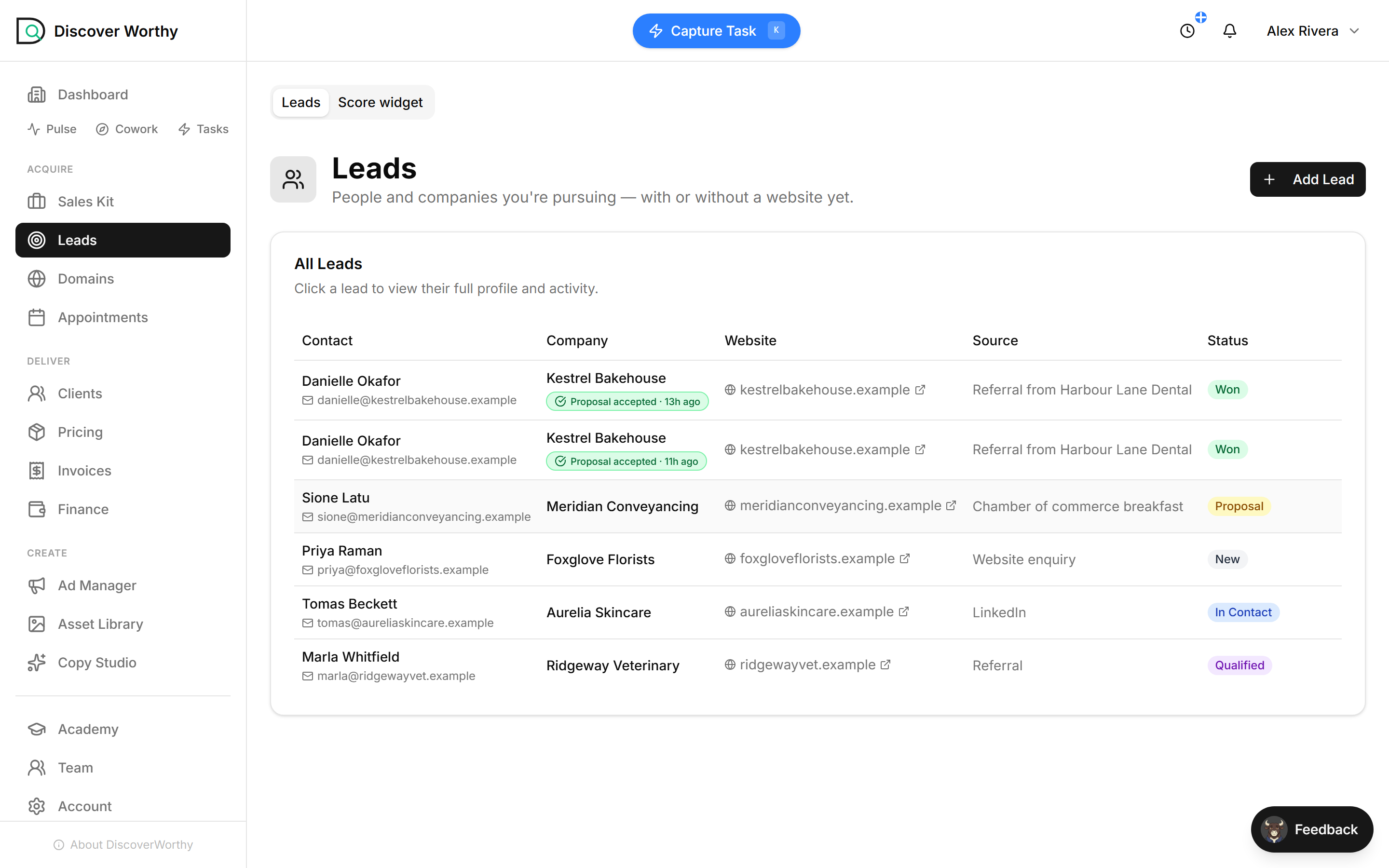 The Leads page listing four leads with their contact, company, website, source and pipeline status.