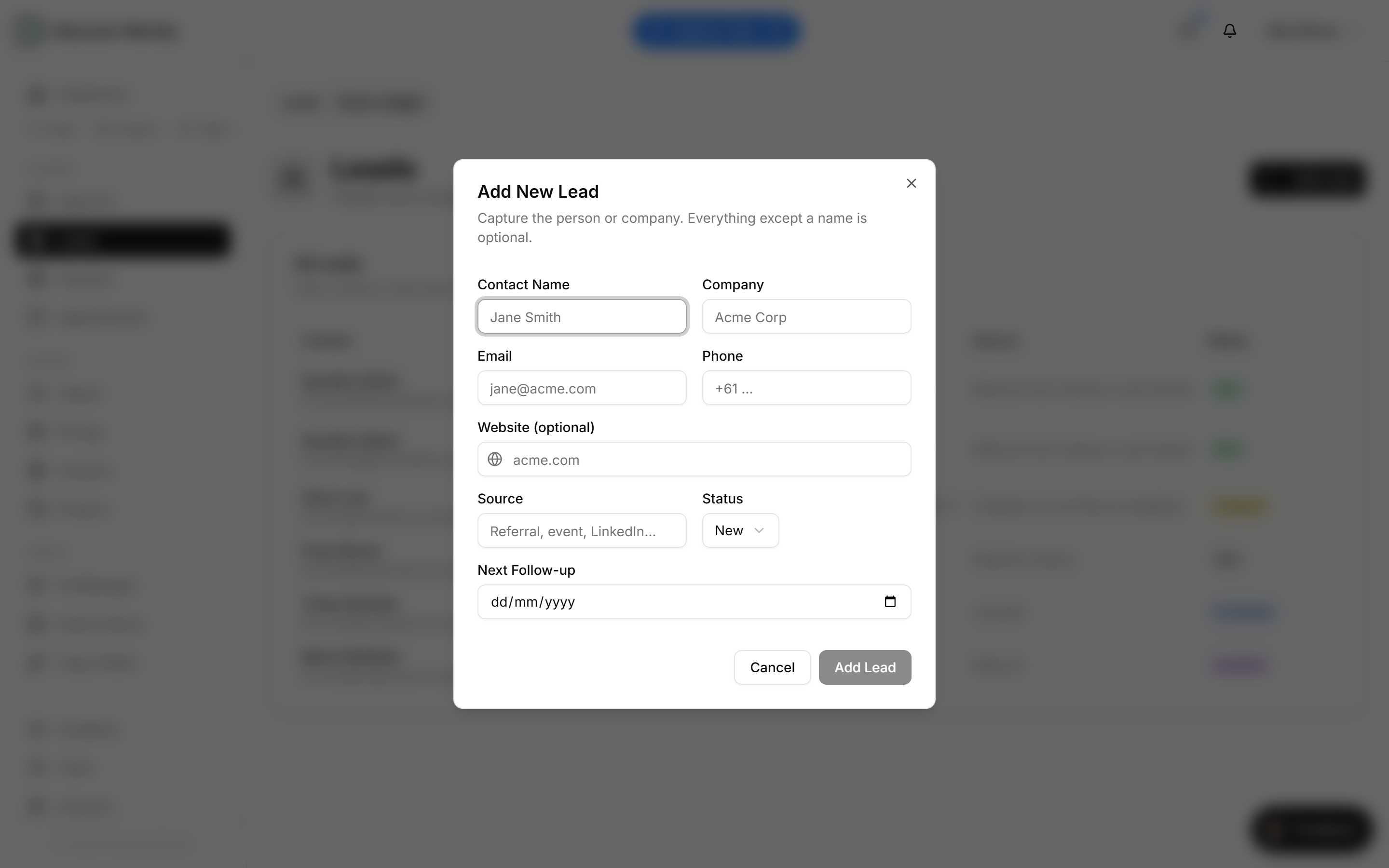 The Add New Lead dialog with fields for contact, company, email, phone, website, source, status and next follow-up.