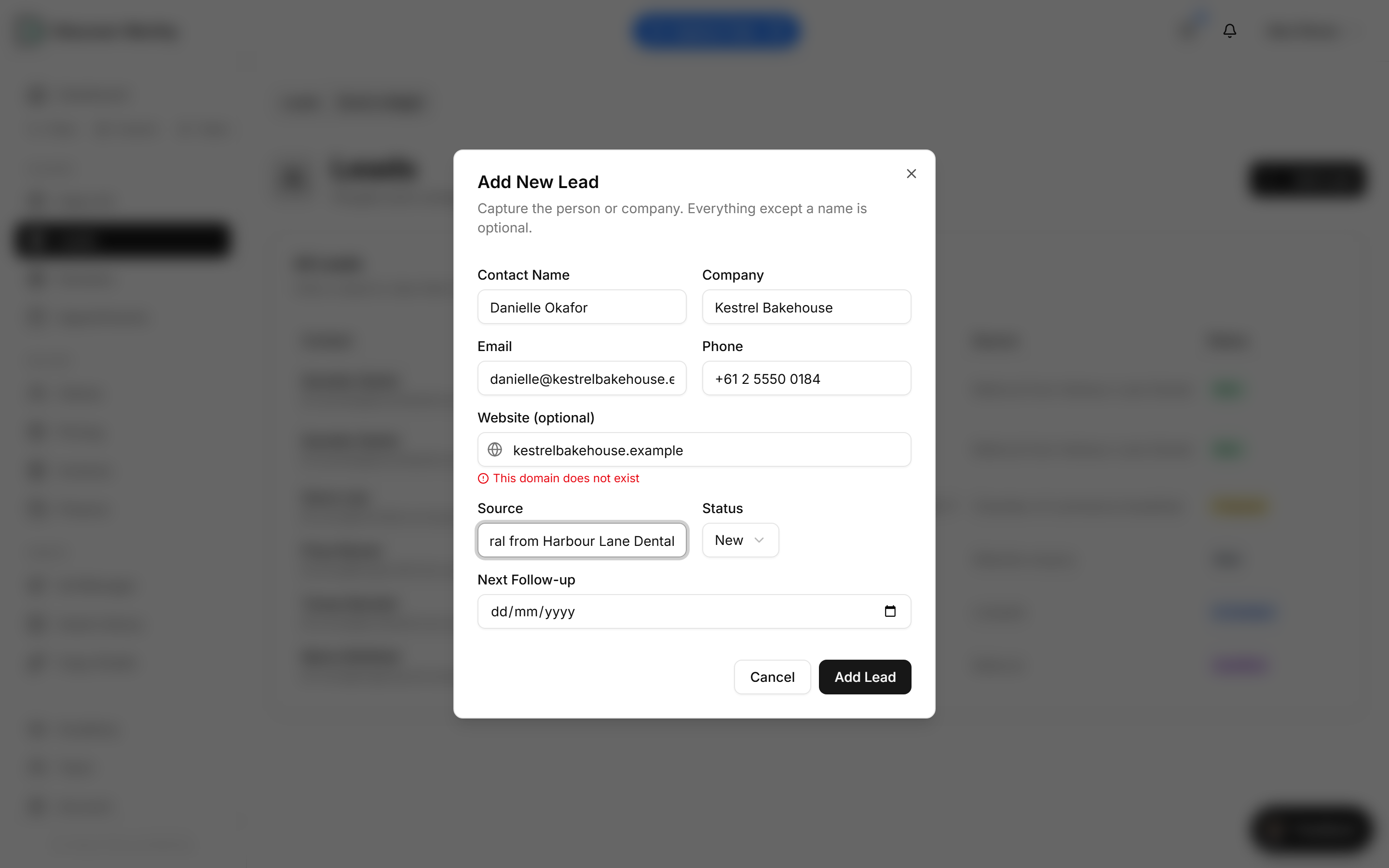 The Add New Lead dialog filled in with a contact, company, email, phone, website and referral source.