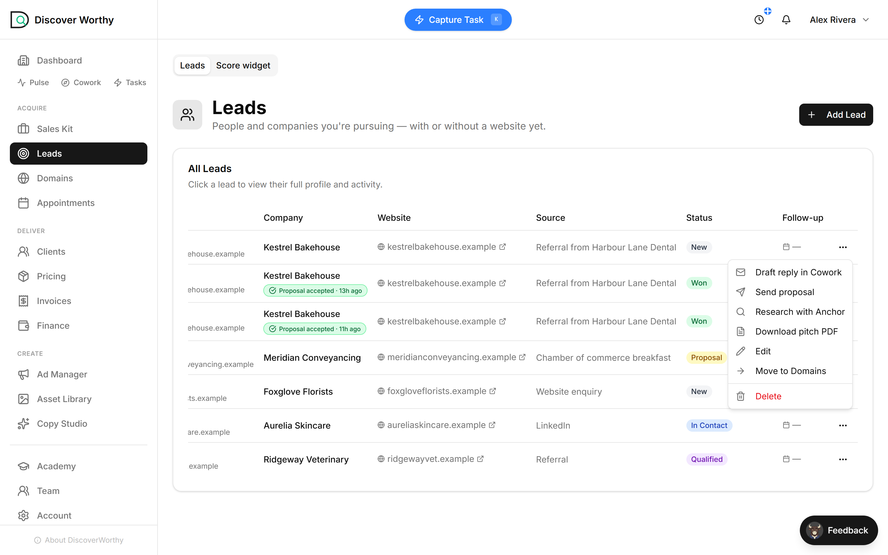 The row menu on a lead showing Draft reply in Cowork, Send proposal, Research with Anchor, Download pitch PDF, Edit and Move to Domains.