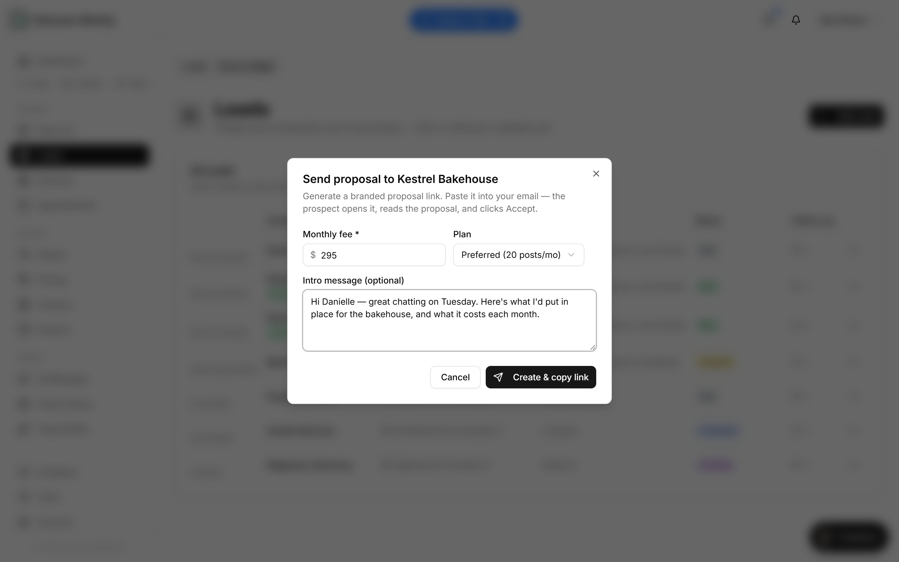 The Send proposal dialog with a monthly fee, a plan selector and an intro message.
