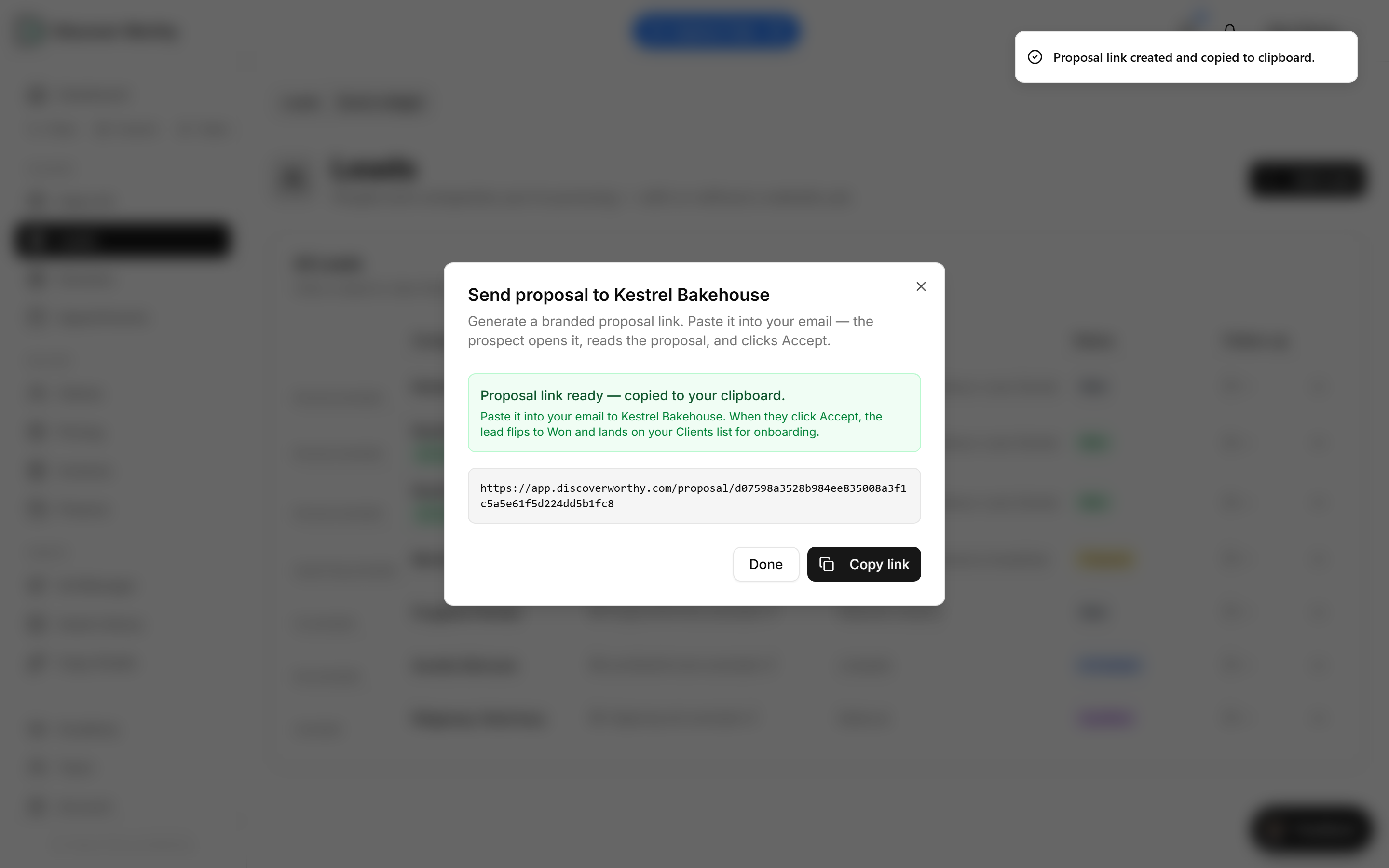 The proposal dialog showing the generated link, ready to paste into an email.