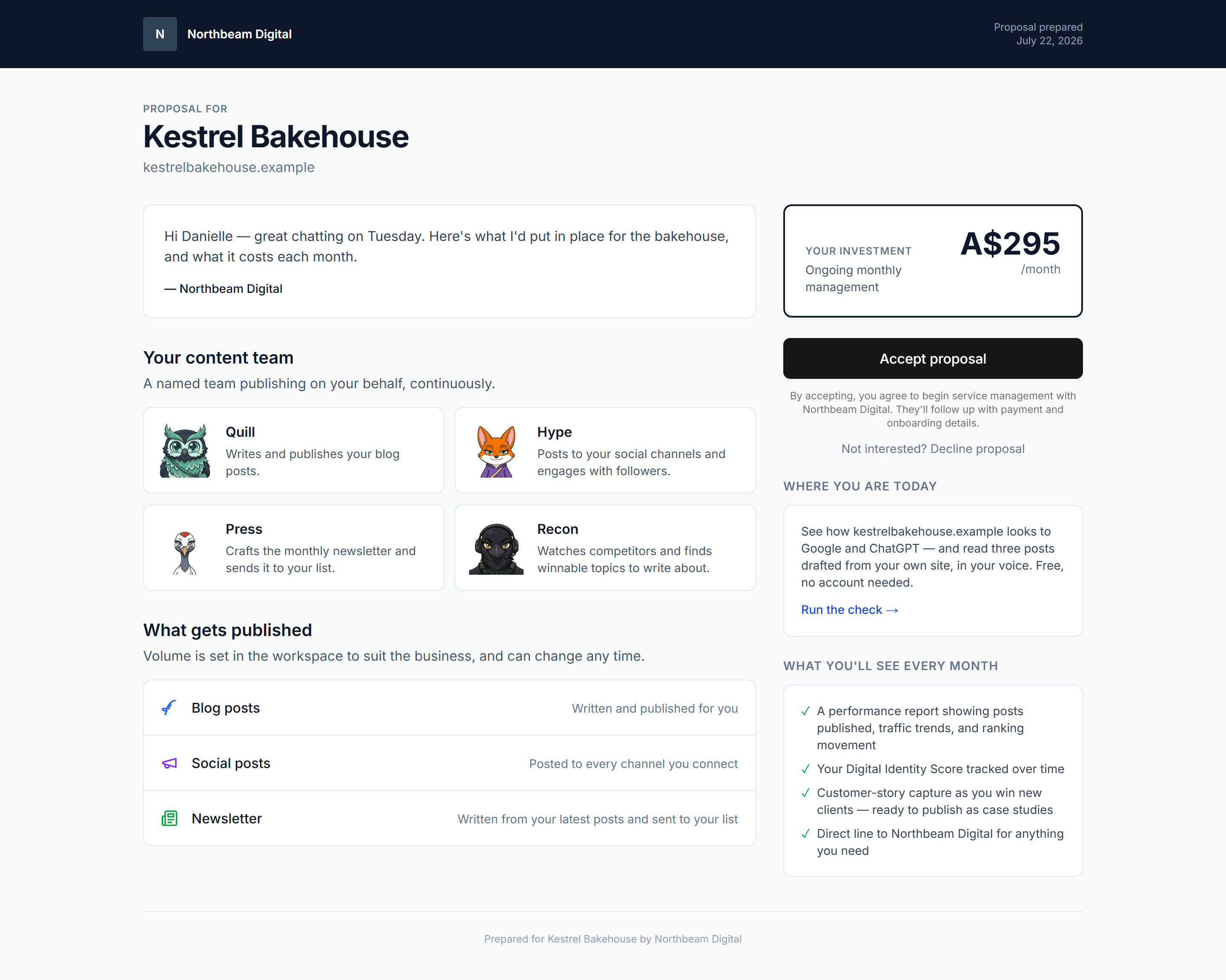 The proposal as the prospect sees it — branded header, intro message, the agent line-up, what gets published, and the price with an Accept button alongside.