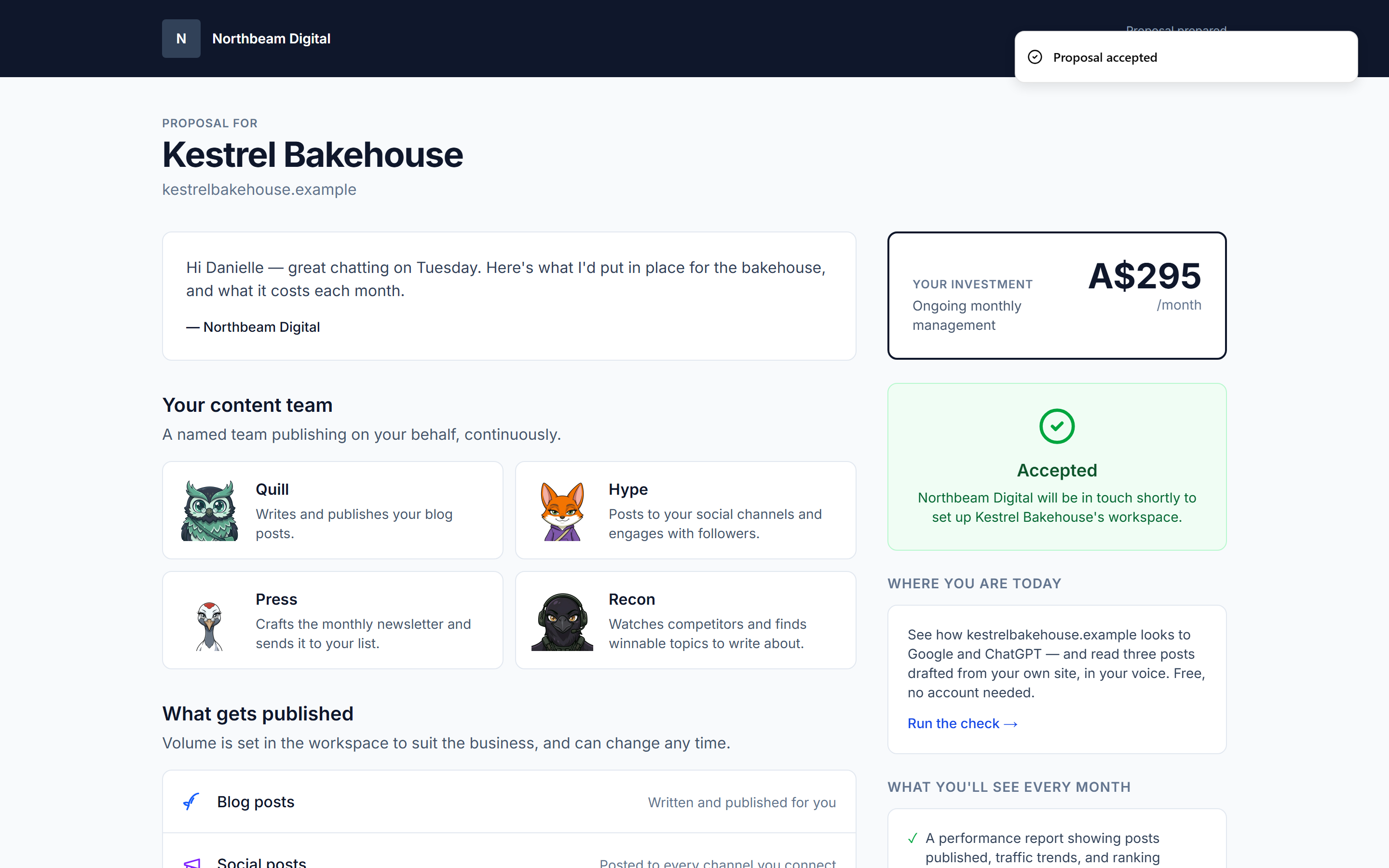 The proposal page after accepting, confirming the freelancer will be in touch.