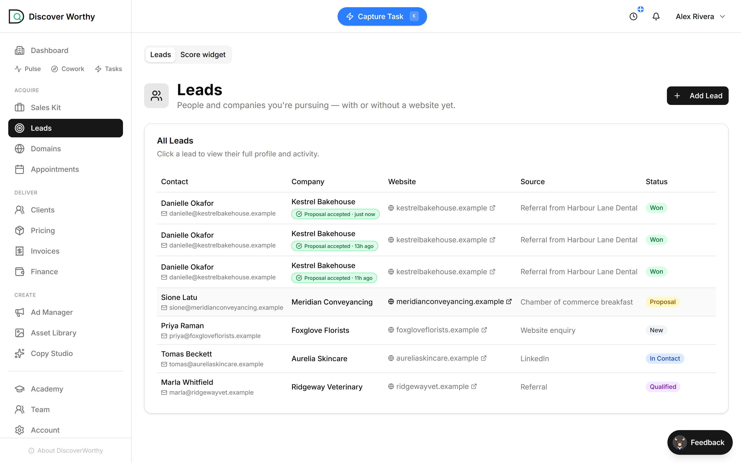 The Leads list with the accepted lead now marked Won.