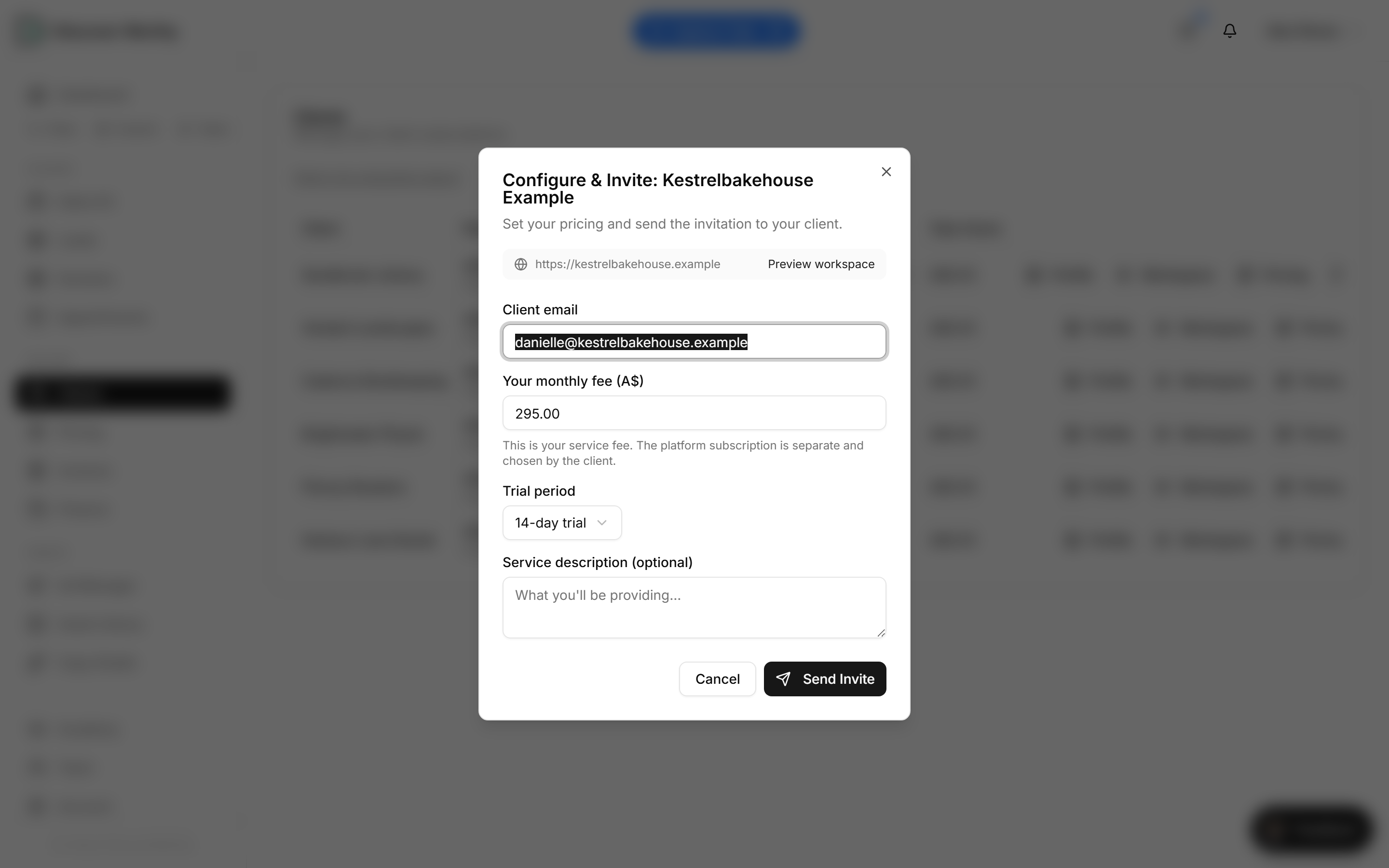 The Configure & Invite dialog with the client email, your monthly fee, a trial period and an optional service description.