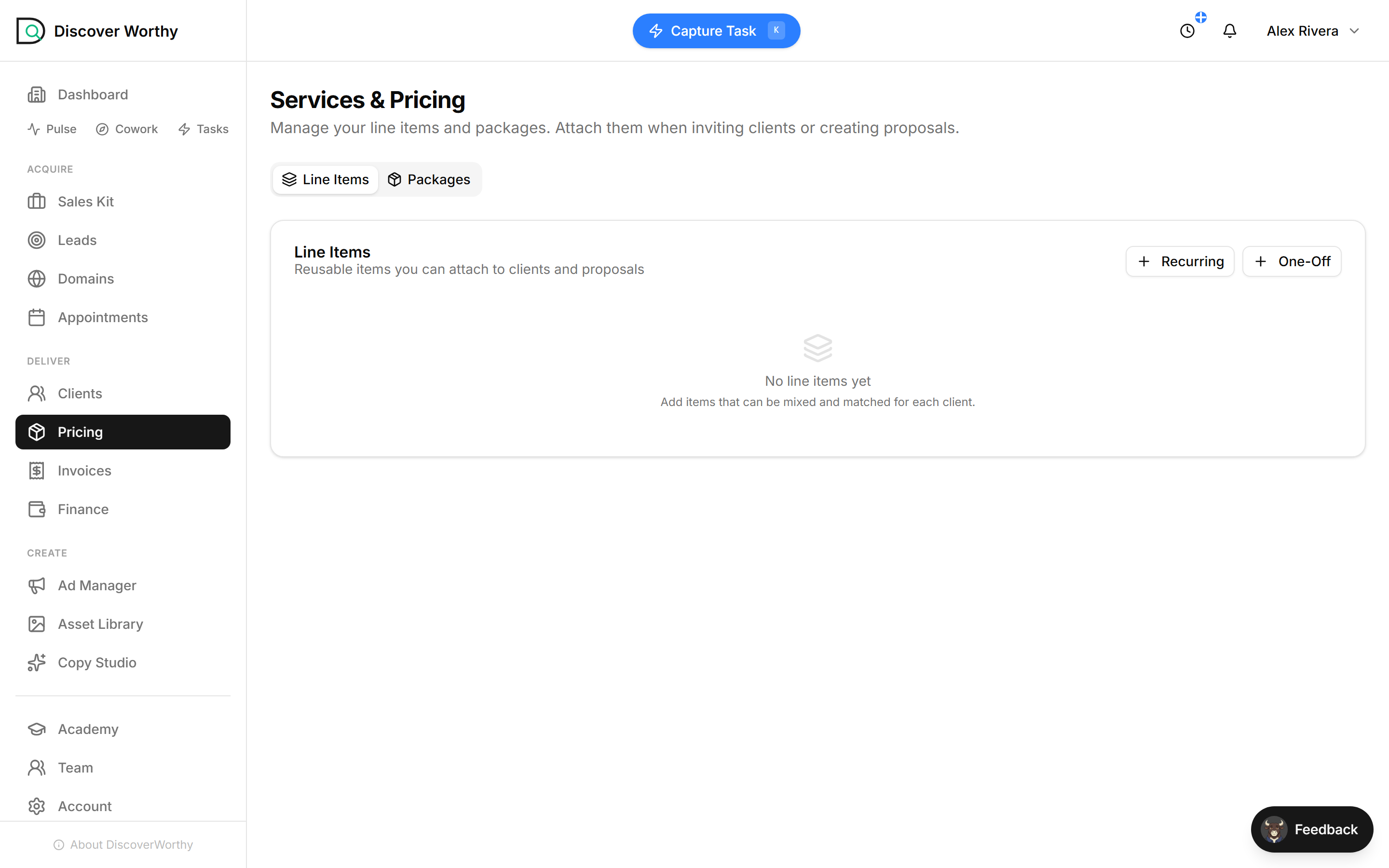 The Pricing page with empty Line Items and Packages tabs.