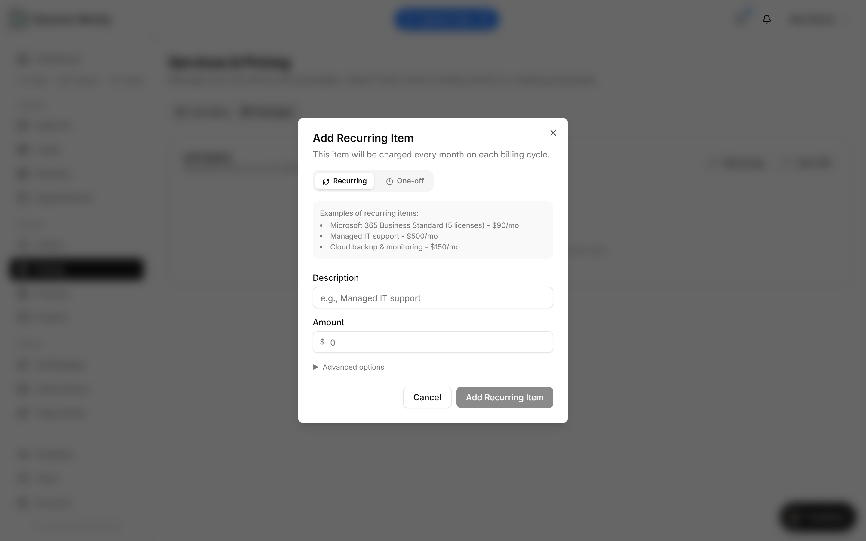 The Add Recurring Item dialog with a Recurring/One-off toggle, examples, description and amount.