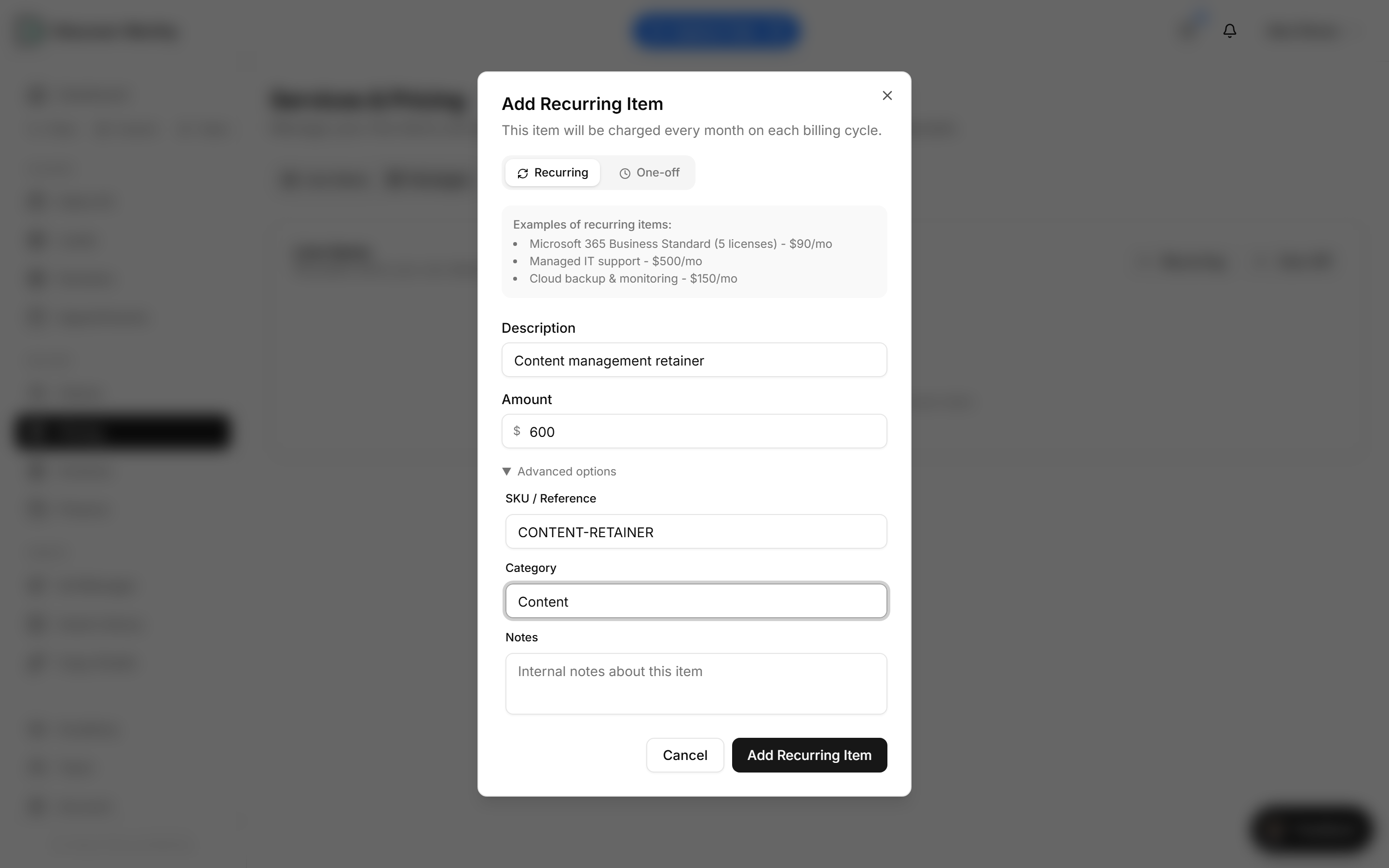 The recurring item dialog filled in with a description, a monthly amount, and advanced SKU and category fields.