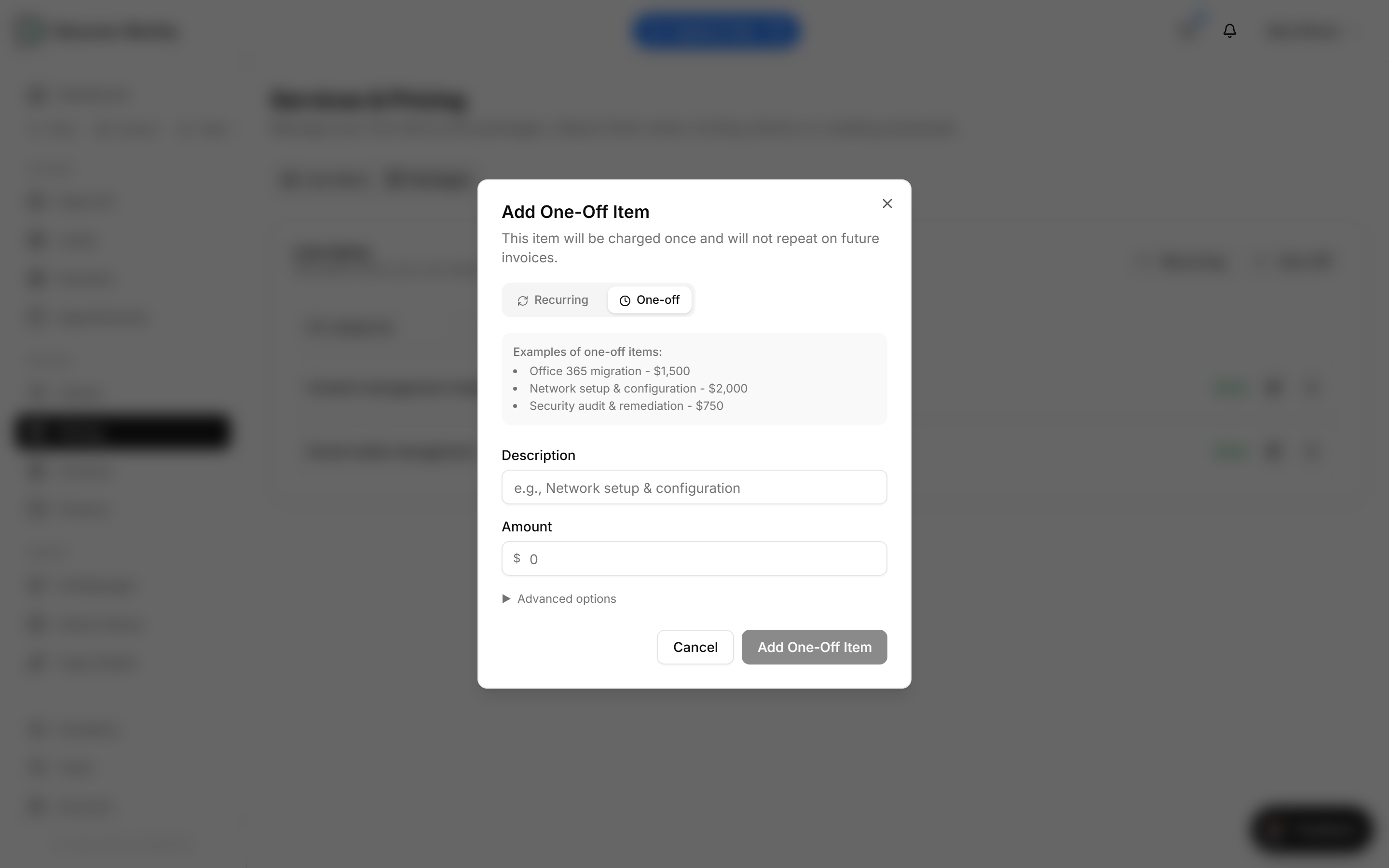 The Add One-Off Item dialog with one-off examples.