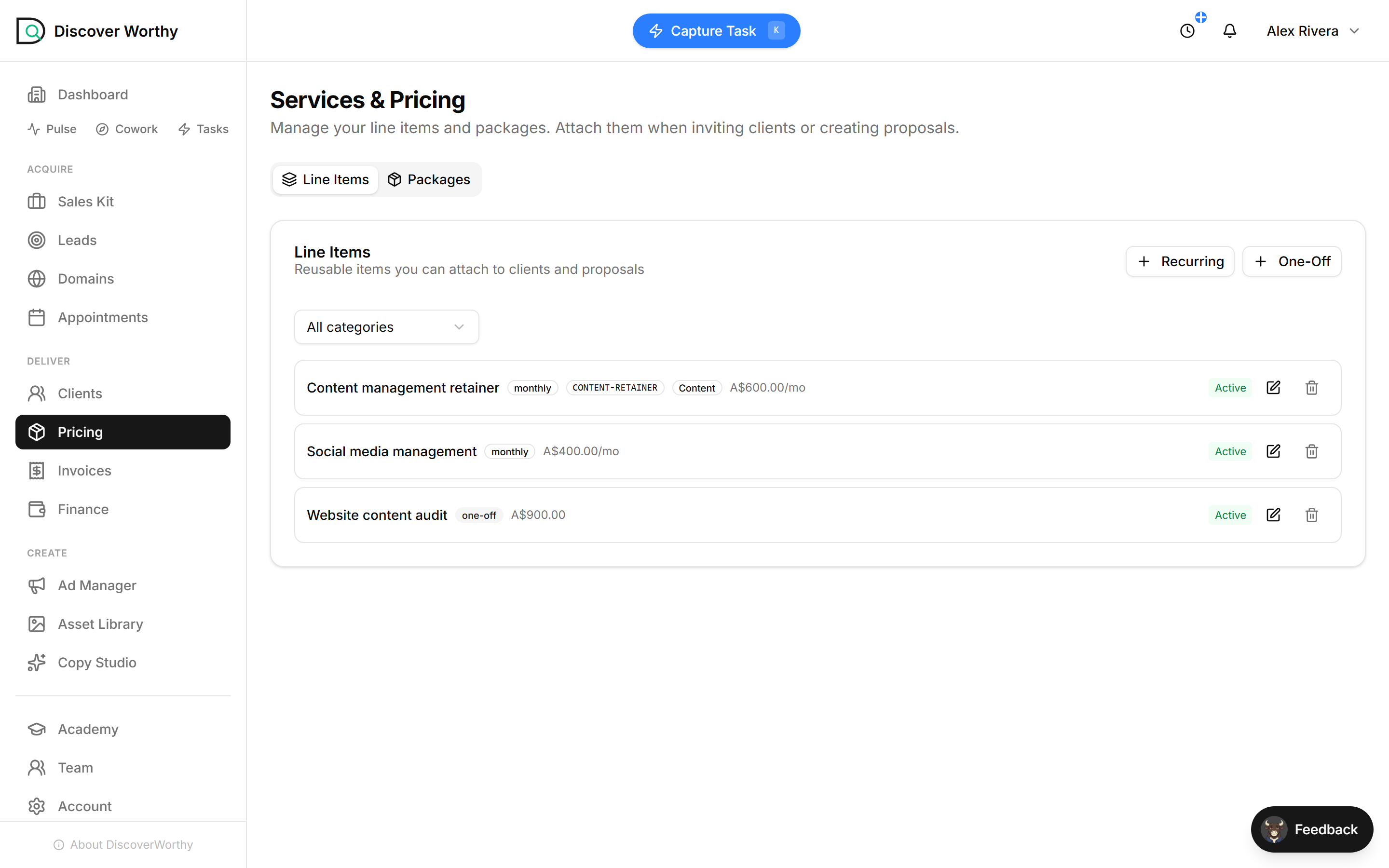 The Line Items list with a recurring retainer, recurring social management, and a one-off audit.
