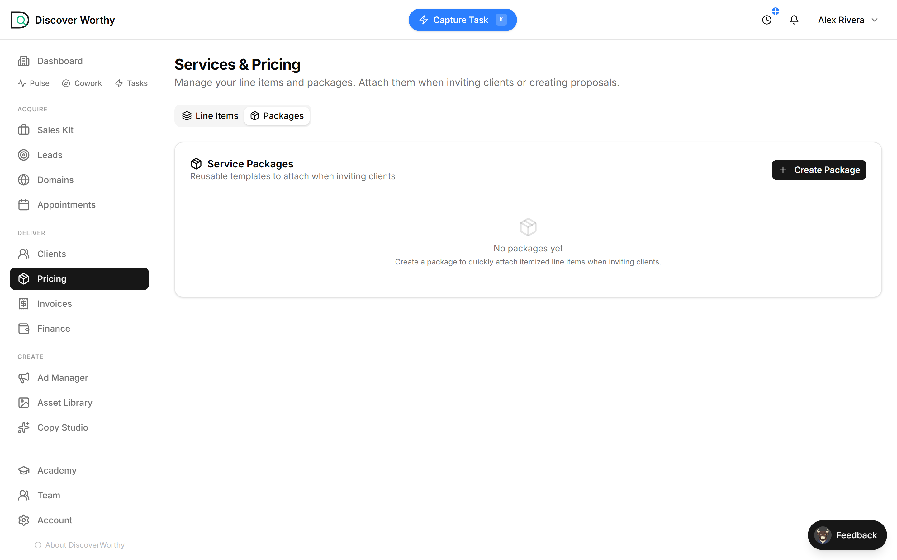 The empty Packages tab with a Create Package button.