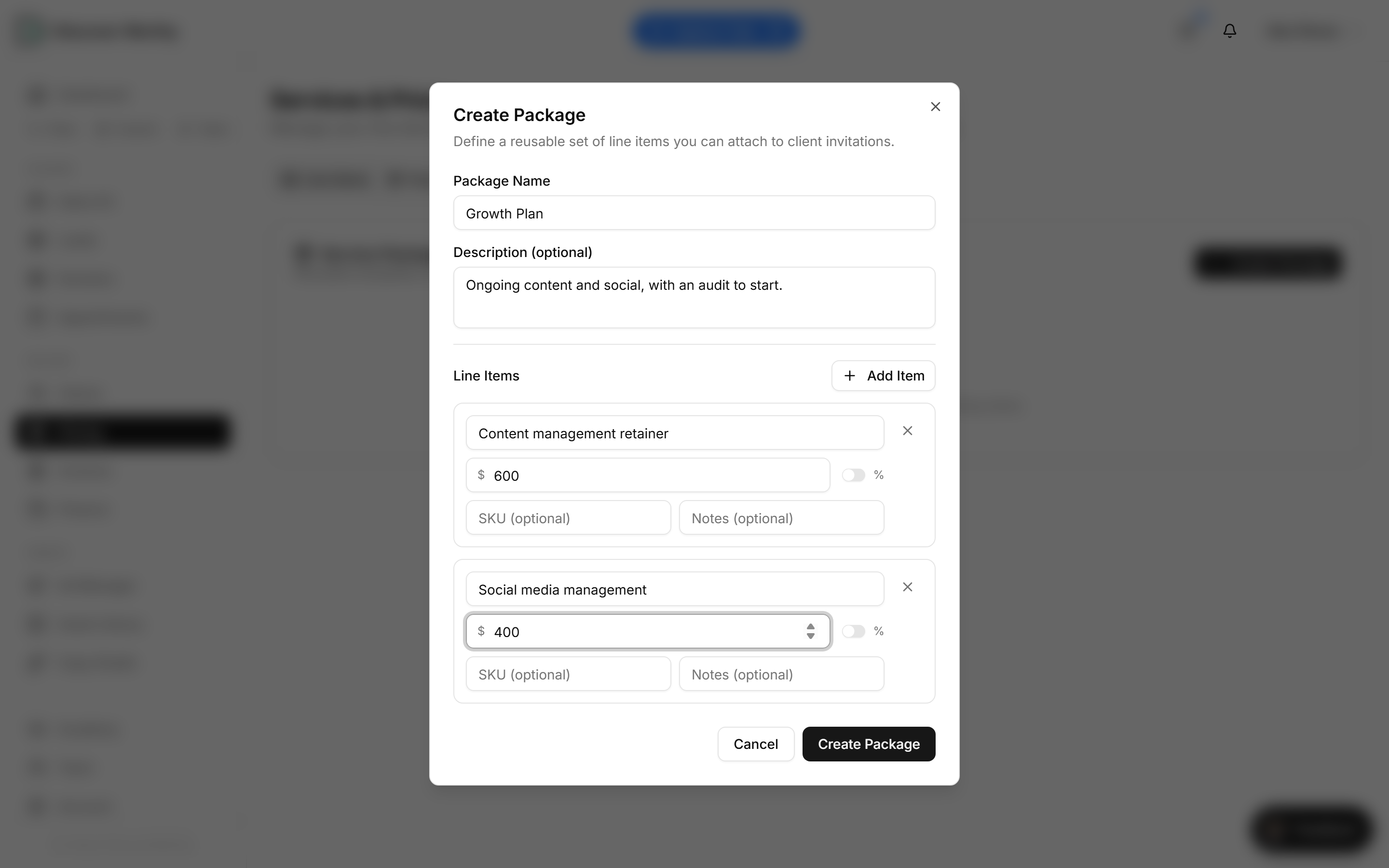 The Create Package dialog with a name, description and two line items with amounts.