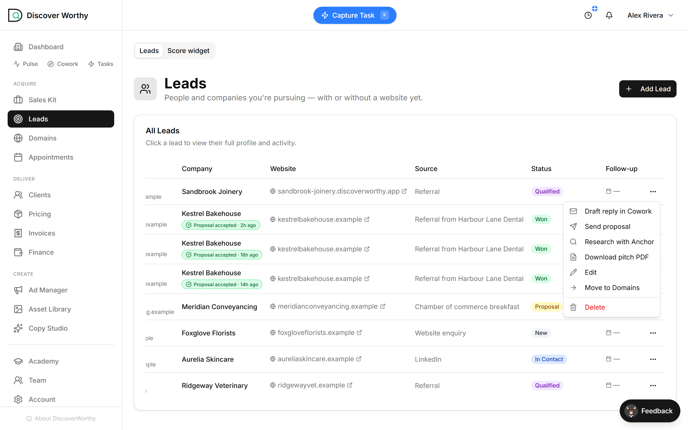 The lead row menu open, showing Research with Anchor and Download pitch PDF among the actions.