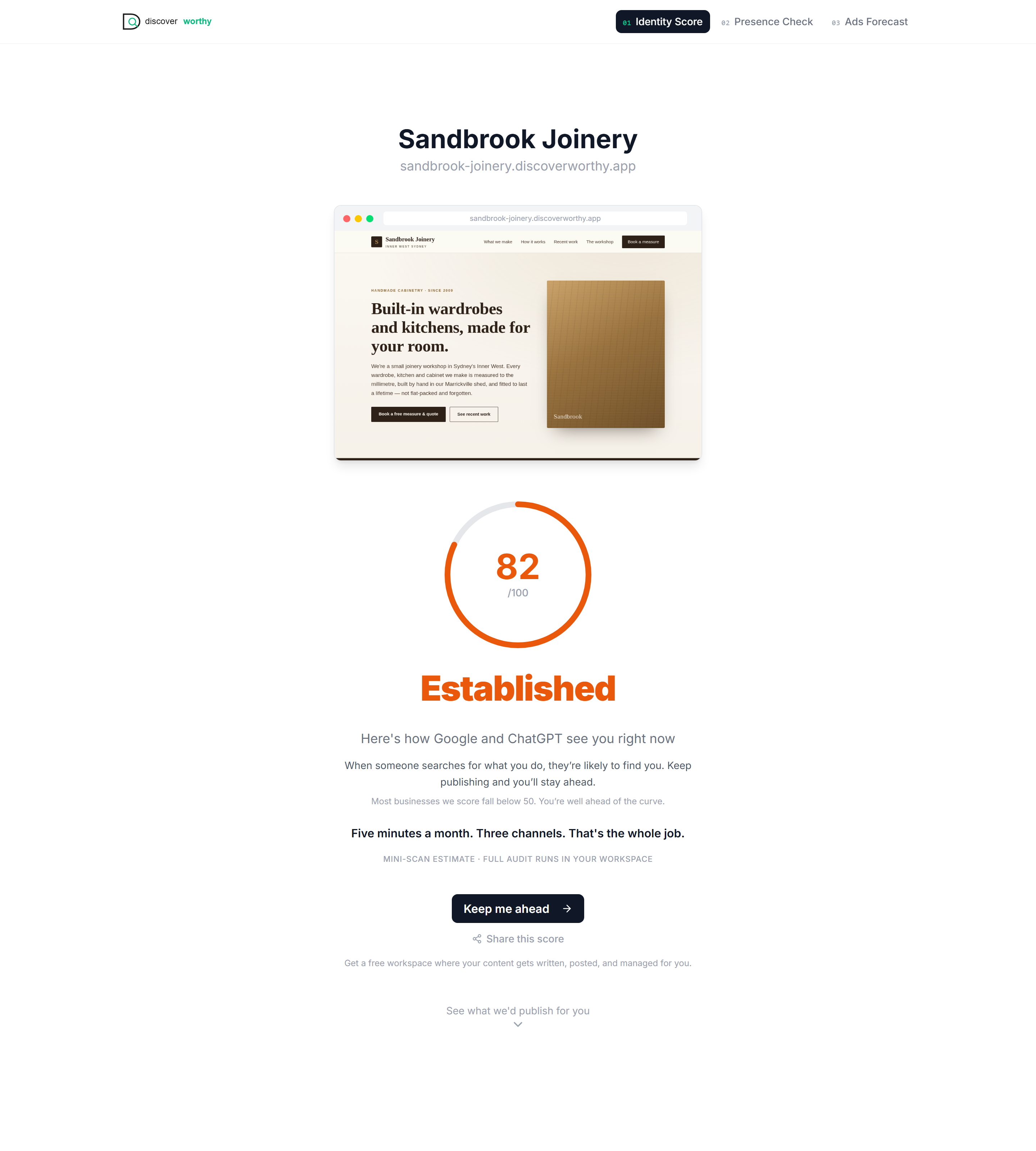 The Digital Identity Score report for the prospect — an 82, the tier, and drafted content samples.