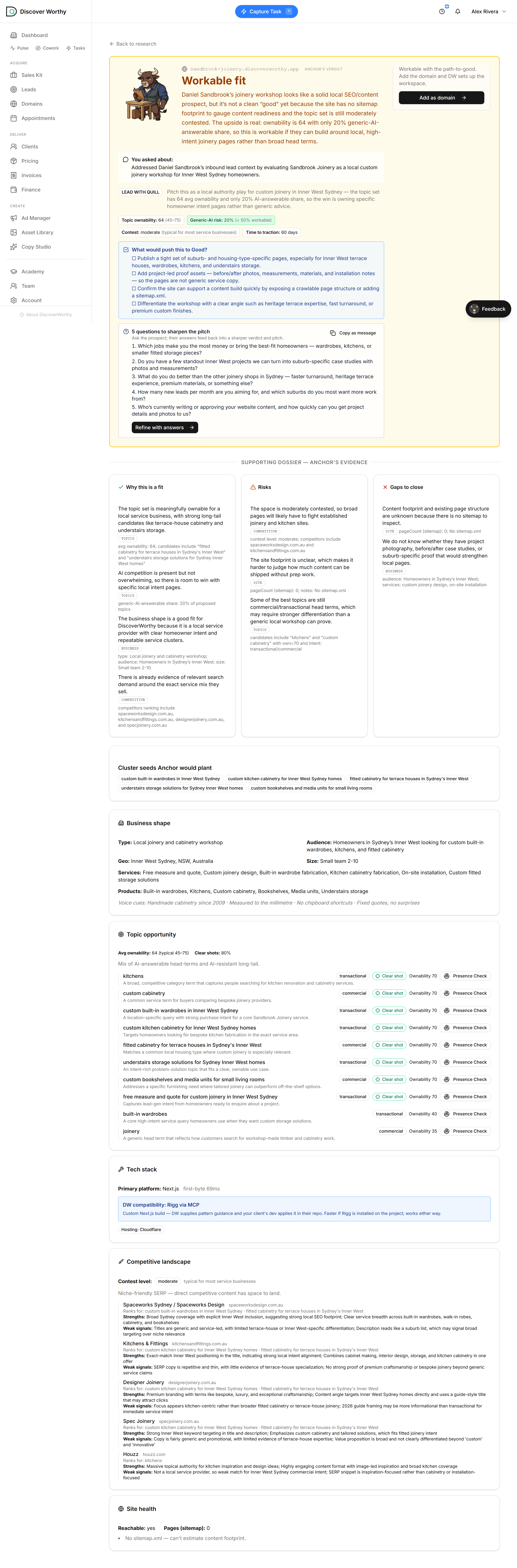 Anchor’s research dossier — verdict, business shape, competitors, site health and topic opportunities.