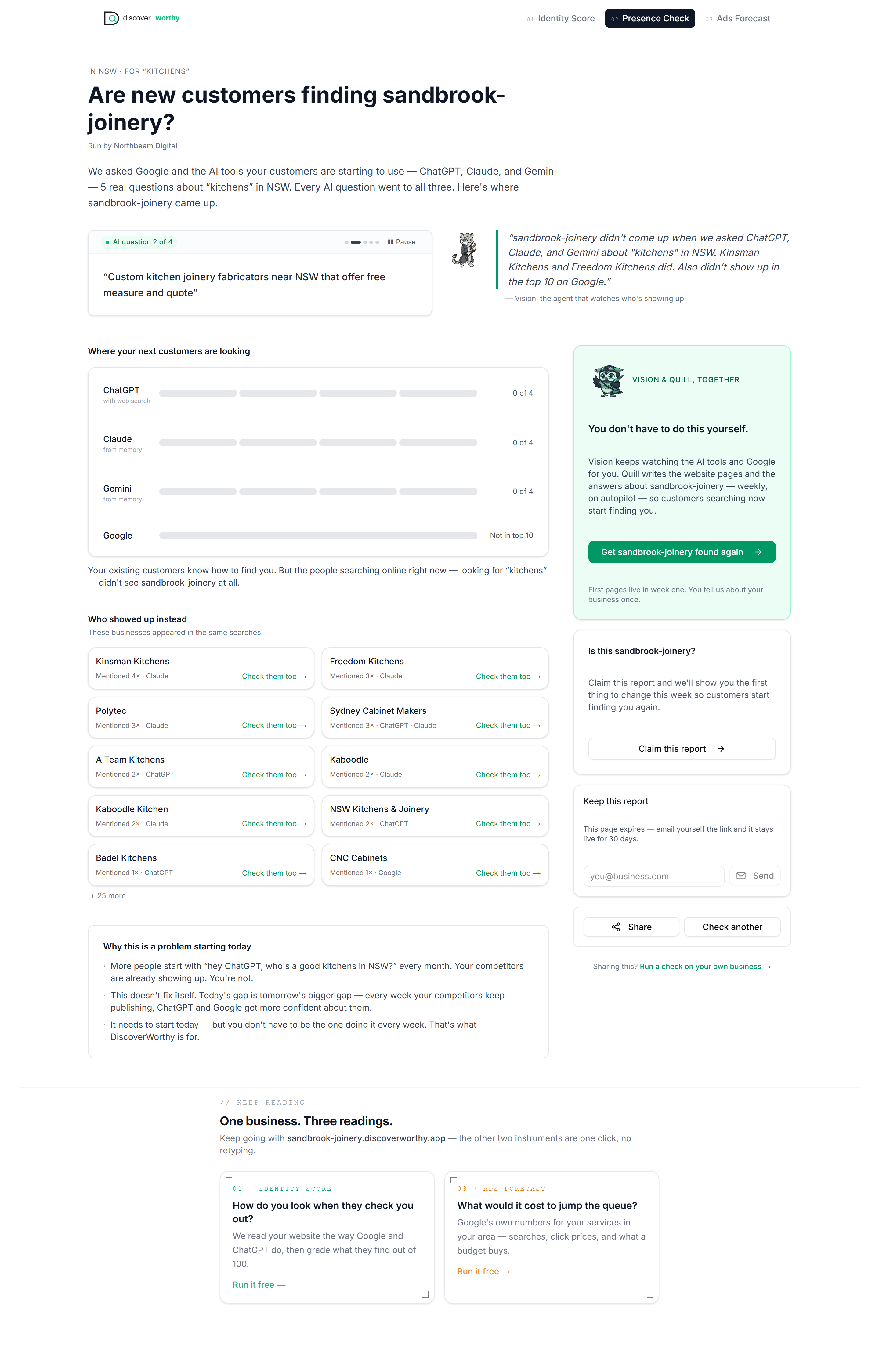 A Presence Check result — ChatGPT, Claude, Gemini and Google, and the competitors who appeared instead of the prospect.