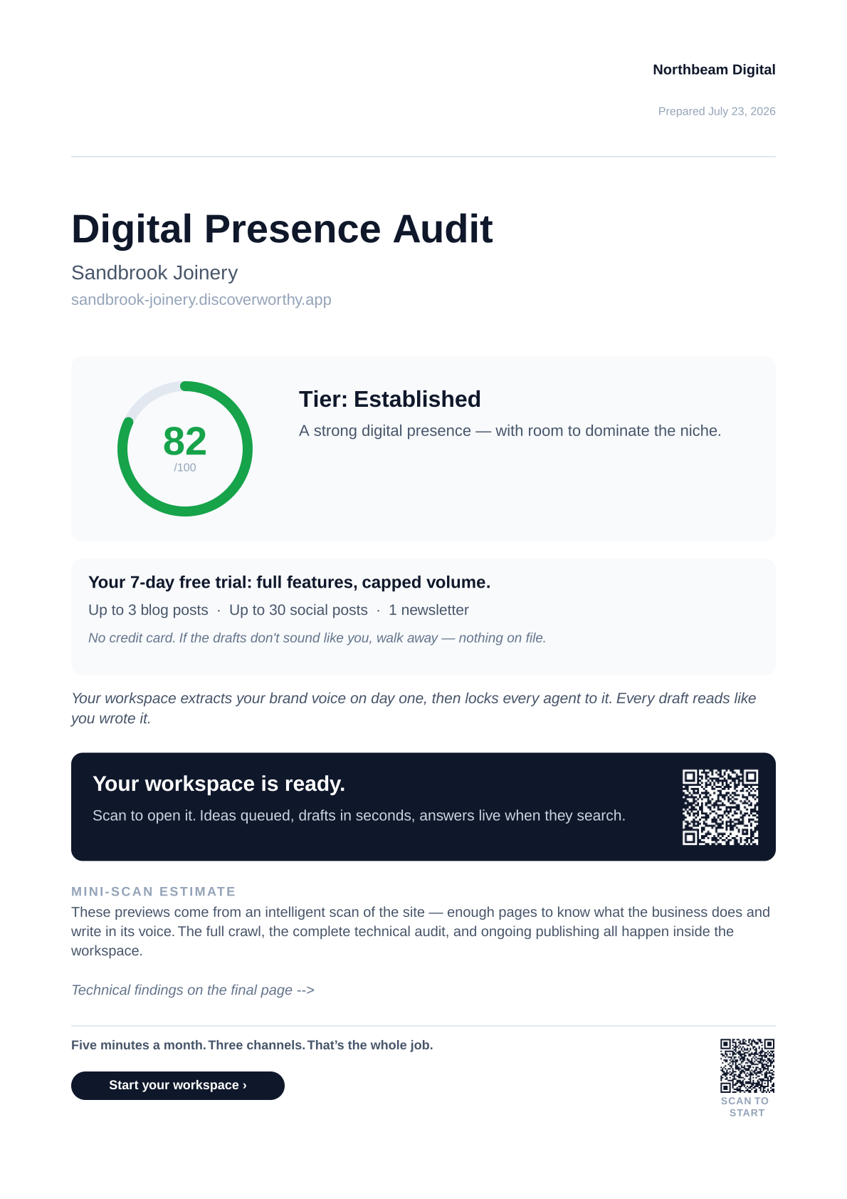 The branded pitch PDF cover — the freelancer’s name, the prospect’s score of 82, and the tier.