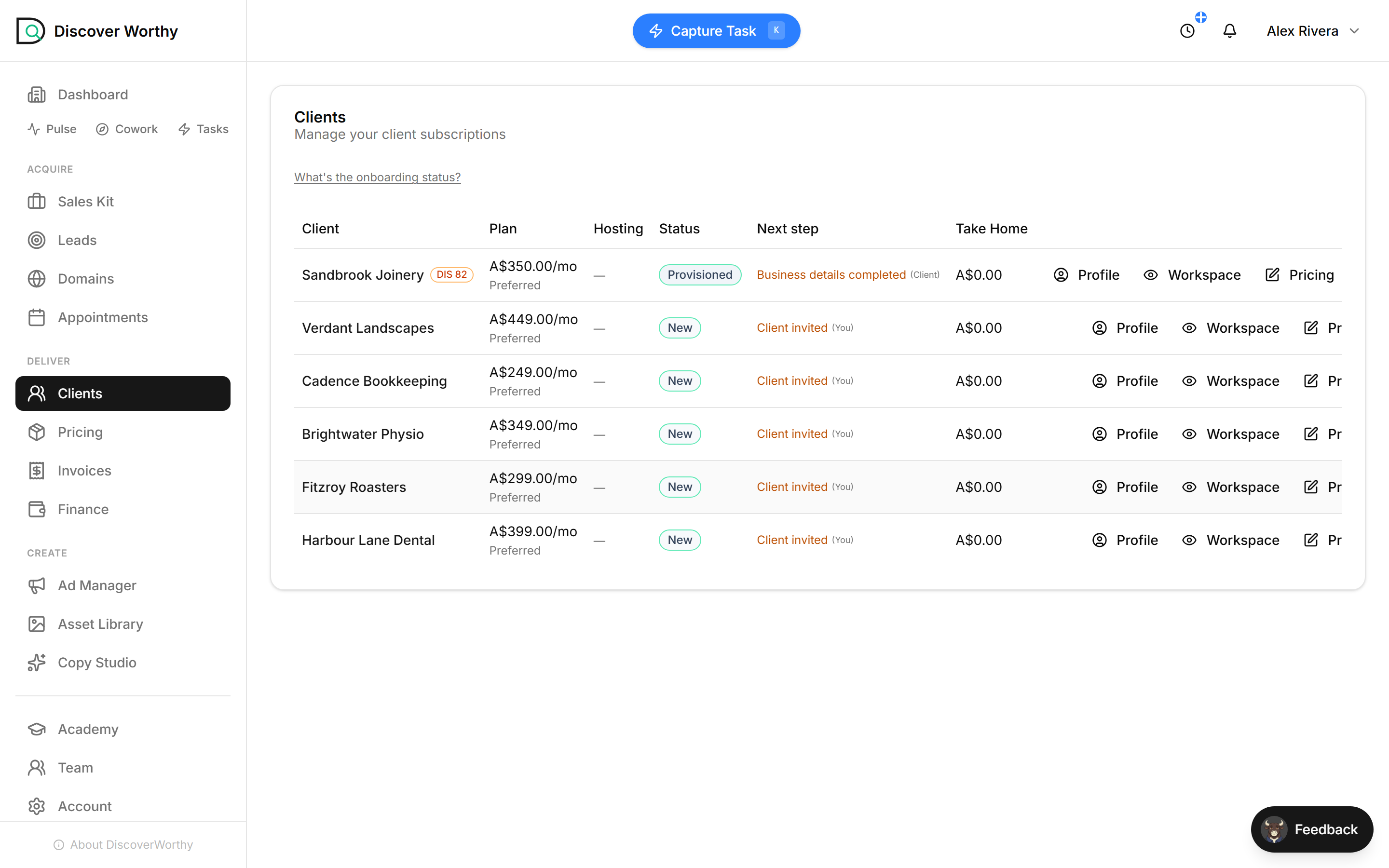 The Clients list with a stage pill in the Status column and a blocker with an owner in the Next step column.