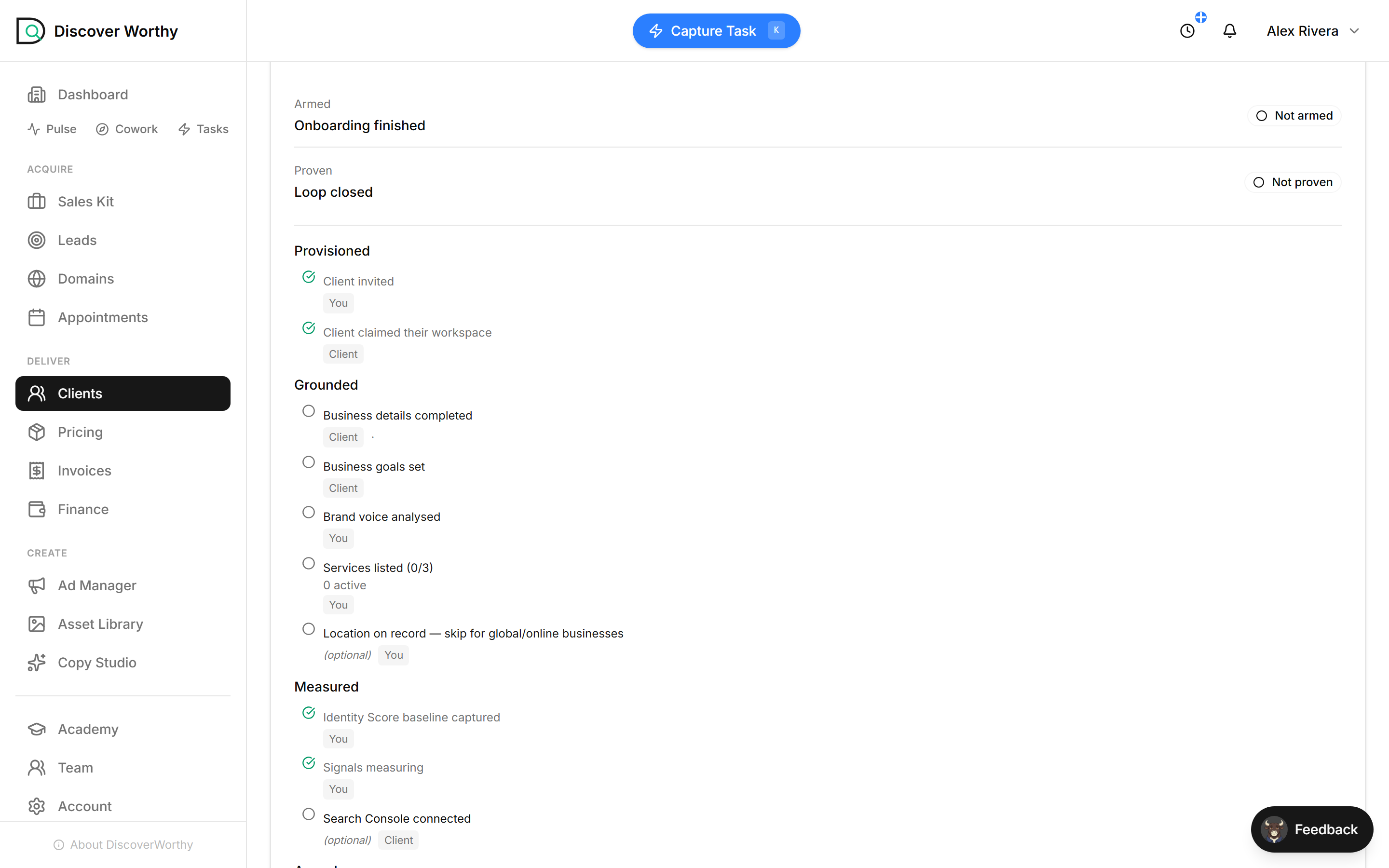 The onboarding card showing the Armed and Proven verdicts and a five-stage progress bar.