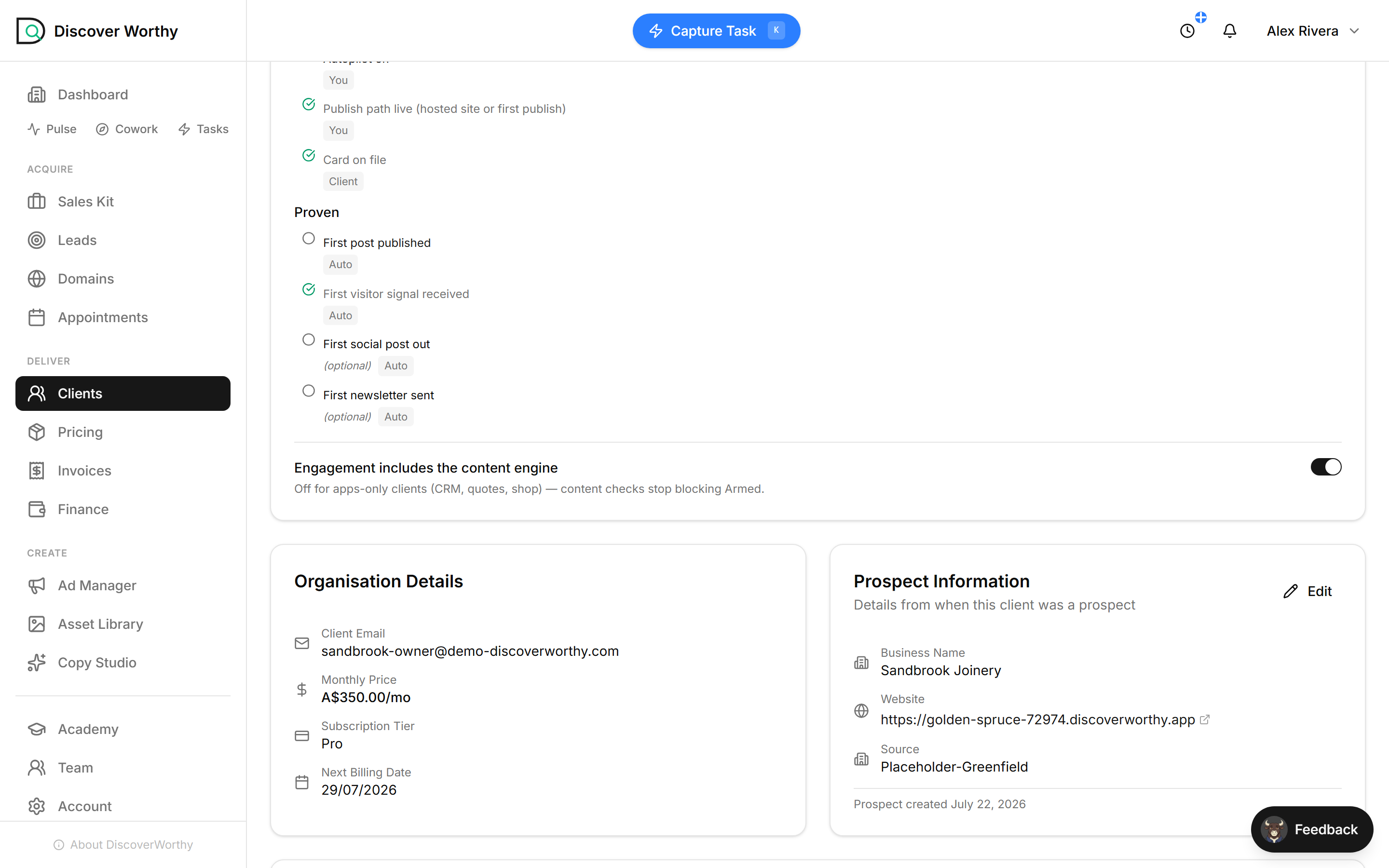 The Armed gates (clusters, autopilot, publish path, card) and the Proven gates (first post, first visitor) tagged Auto.