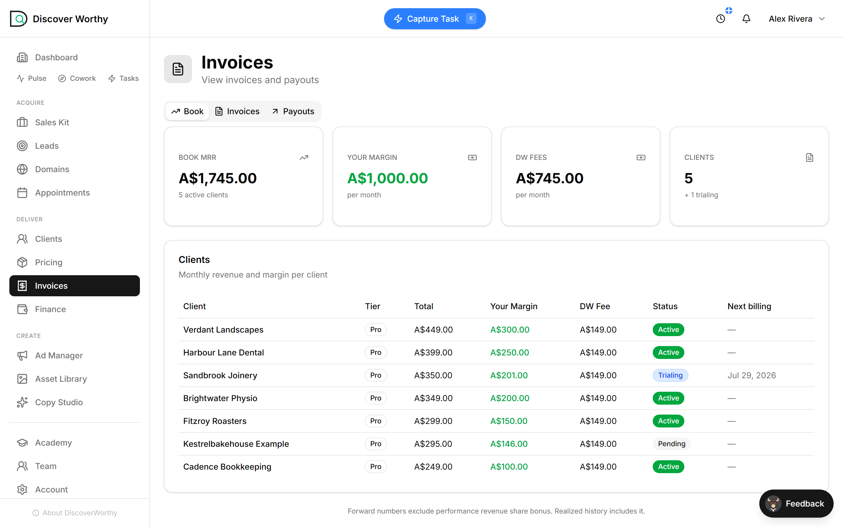 The Book tab — Book MRR, Your Margin, DW Fees and client count as headline figures.