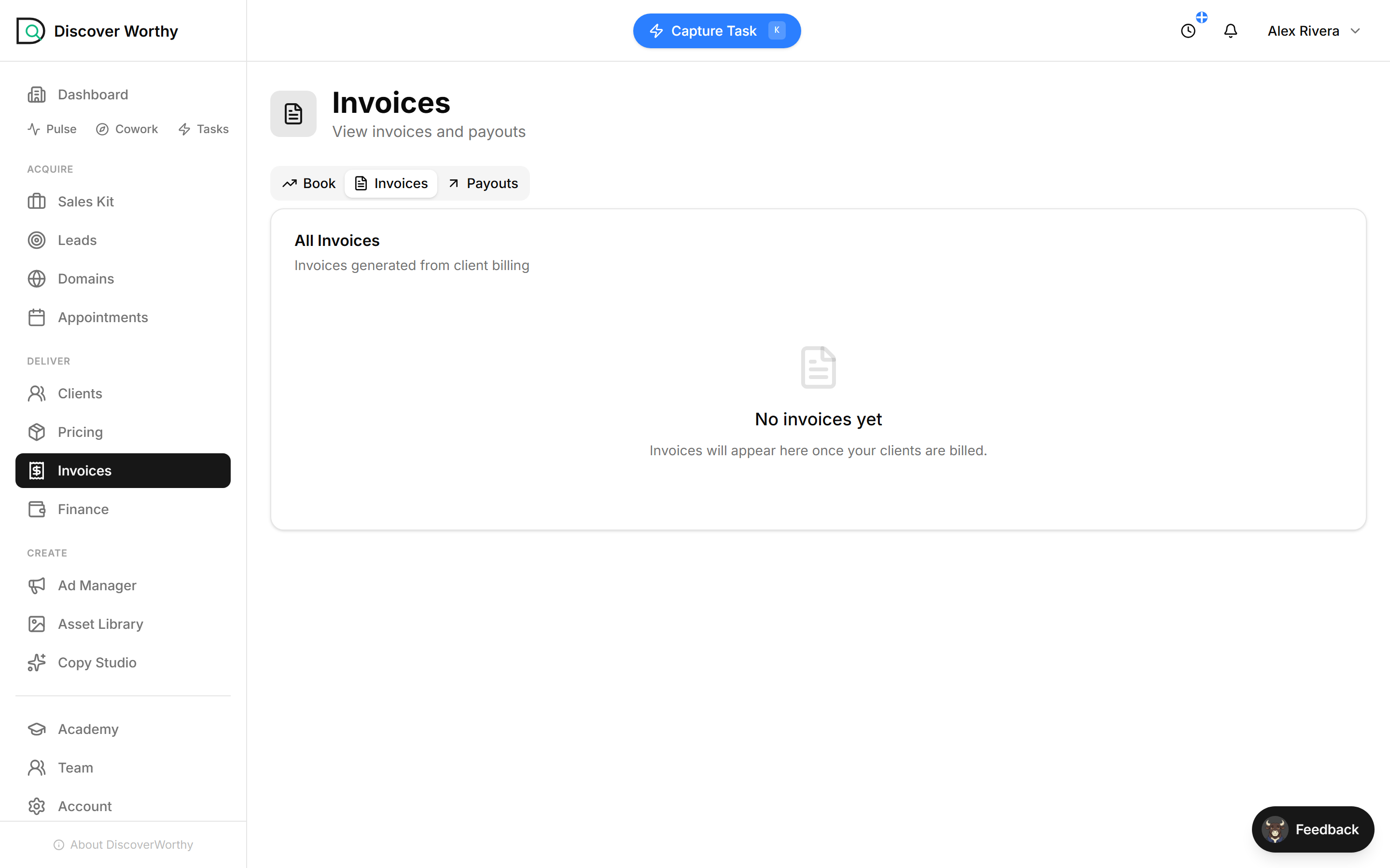The Invoices tab with its empty state — invoices appear here once clients are billed.