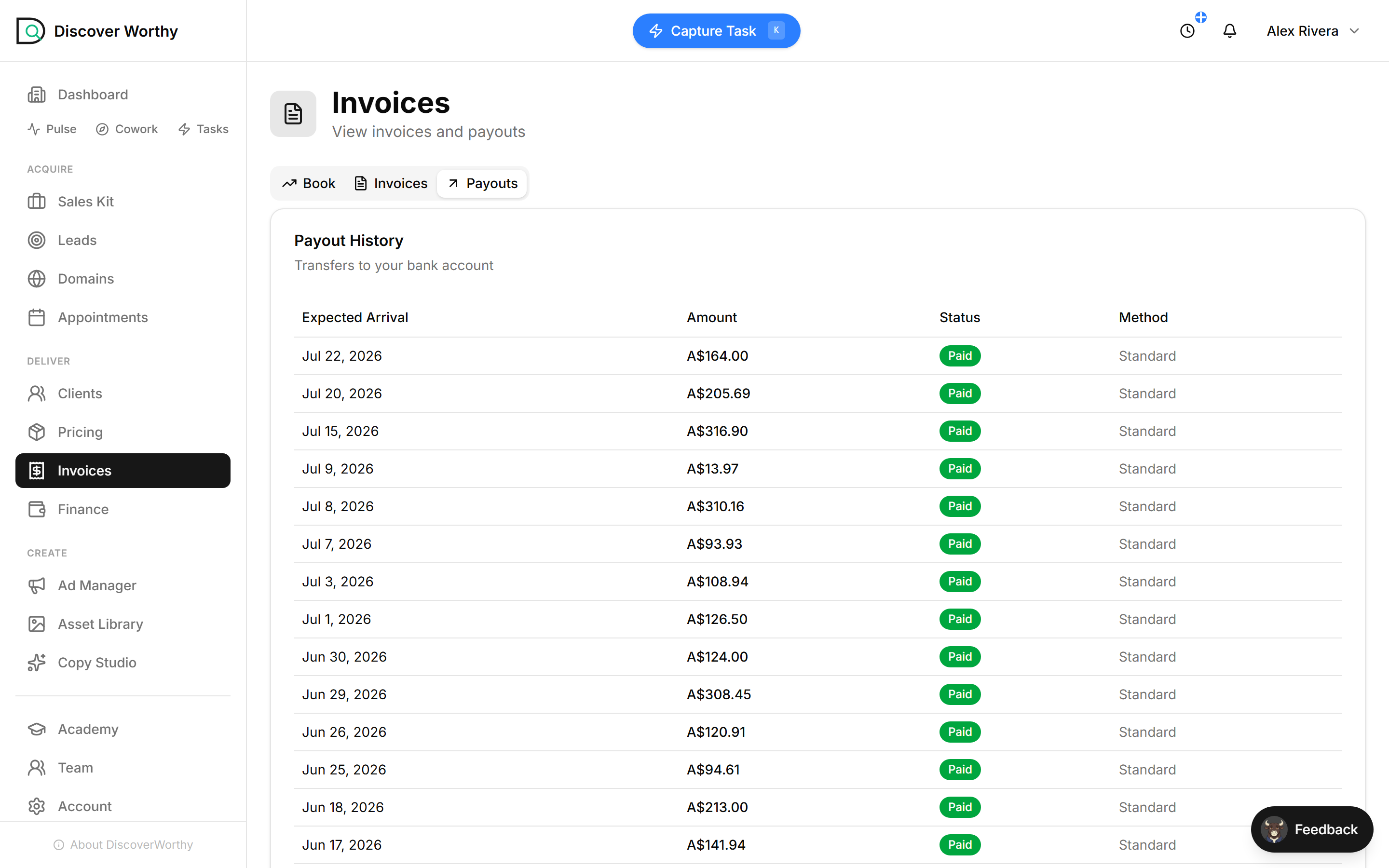 The Payouts tab — a history of transfers to the freelancer’s bank account, each marked Paid.