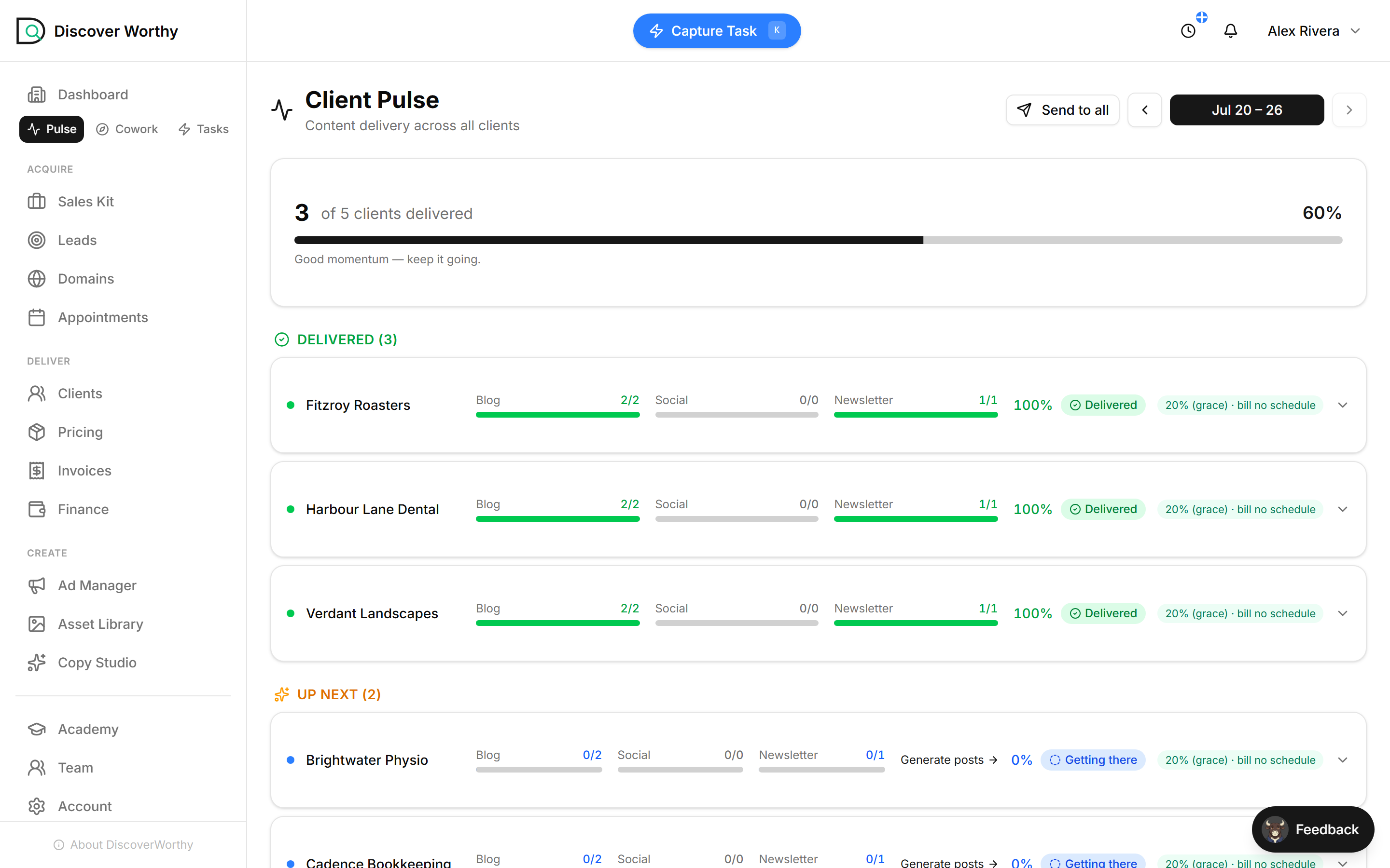 The Pulse board — content delivery across all clients, split into Delivered and Up Next.