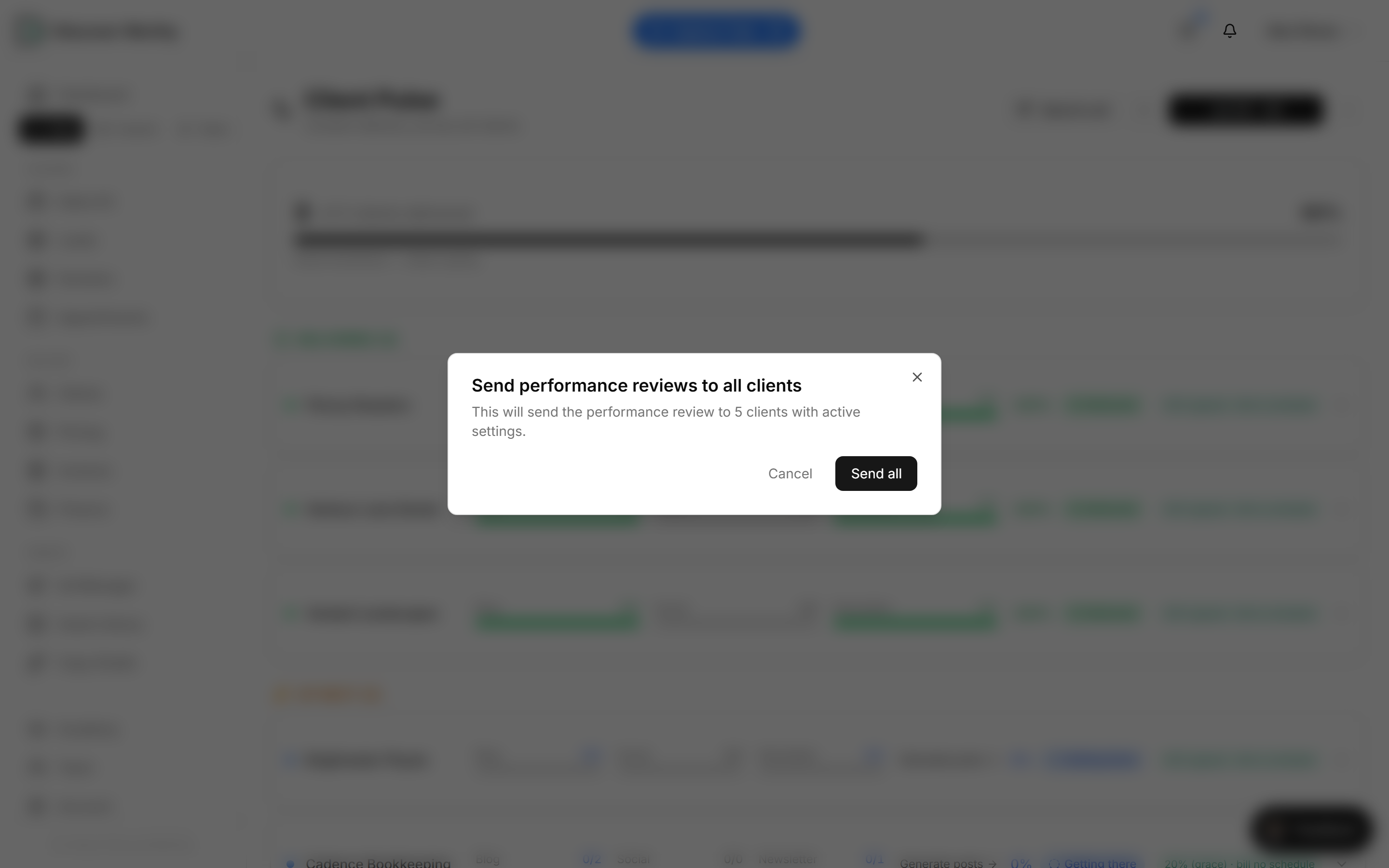 The Send-to-all confirmation — a performance review going to every active client at once.