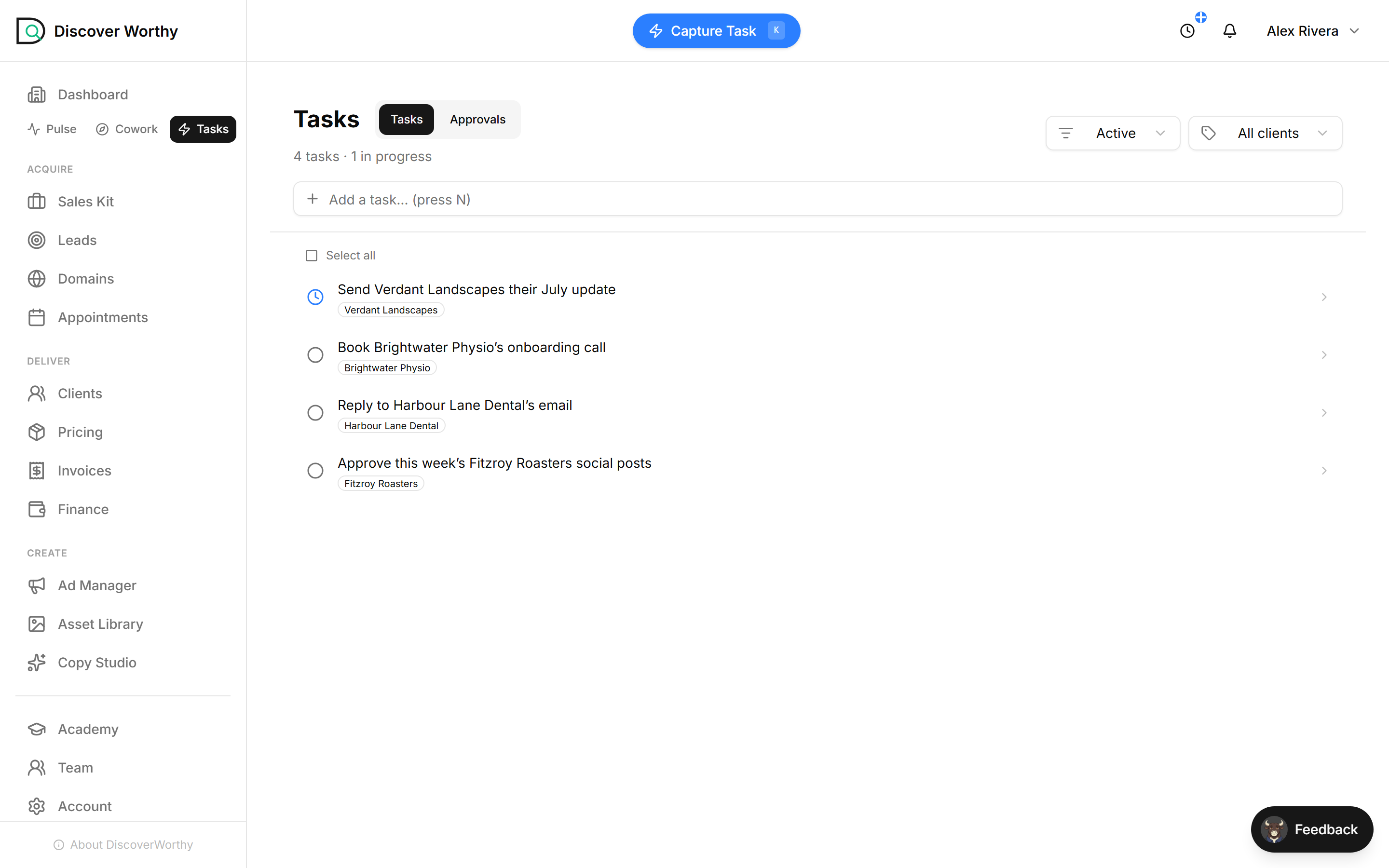 The Tasks queue — a worklist of client tasks, each tagged with its client, with an in-progress marker.