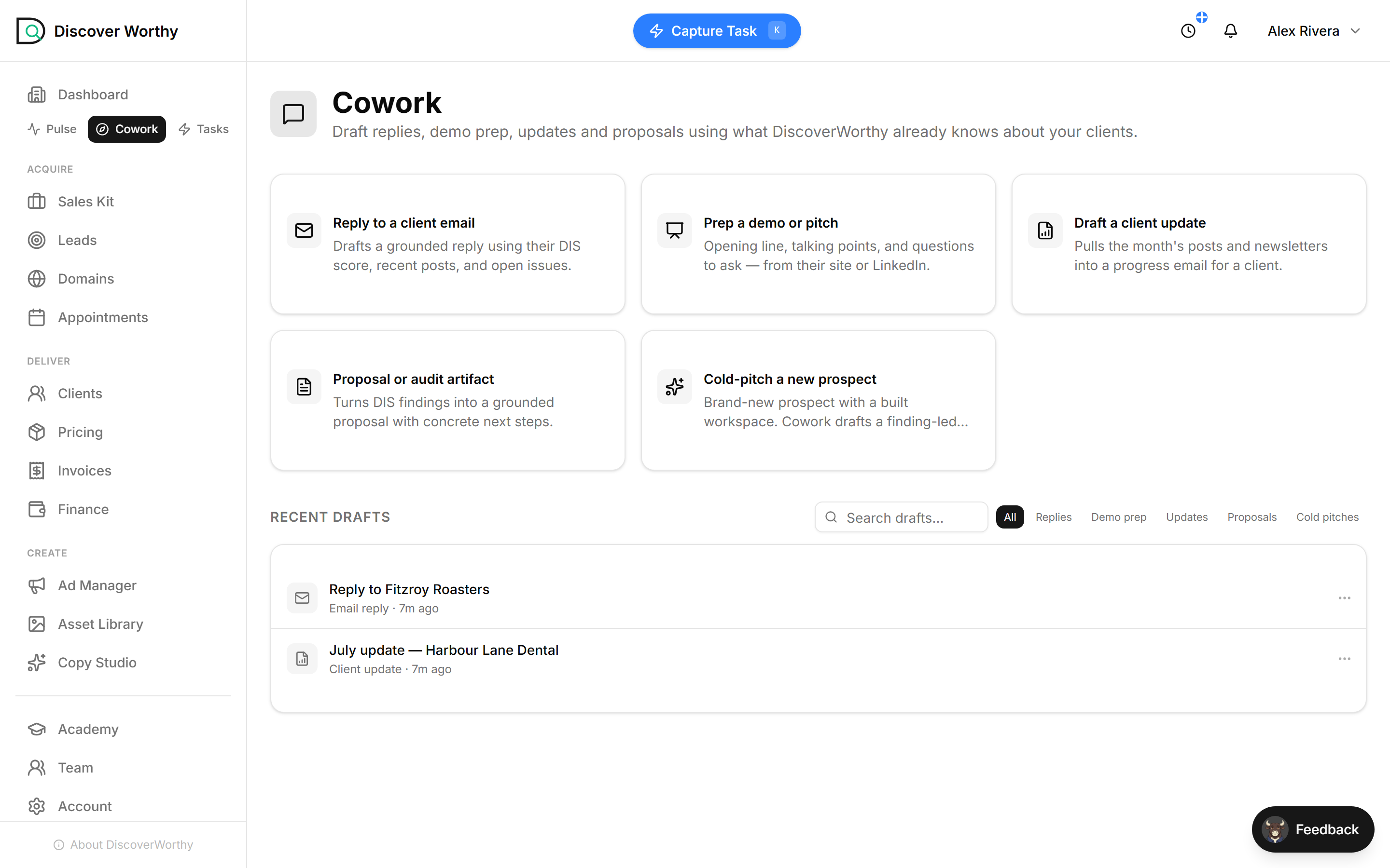 Cowork — cards for drafting replies, updates, demo prep and proposals, with recent drafts below.