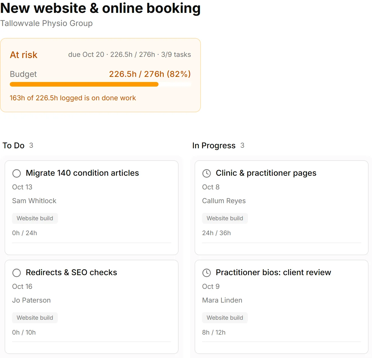 A demo studio’s website project for a physio group, flagged At risk: 226.5 of 276 budgeted hours used with 3 of 9 tasks done, and tasks showing their owner, due date and hours against estimate