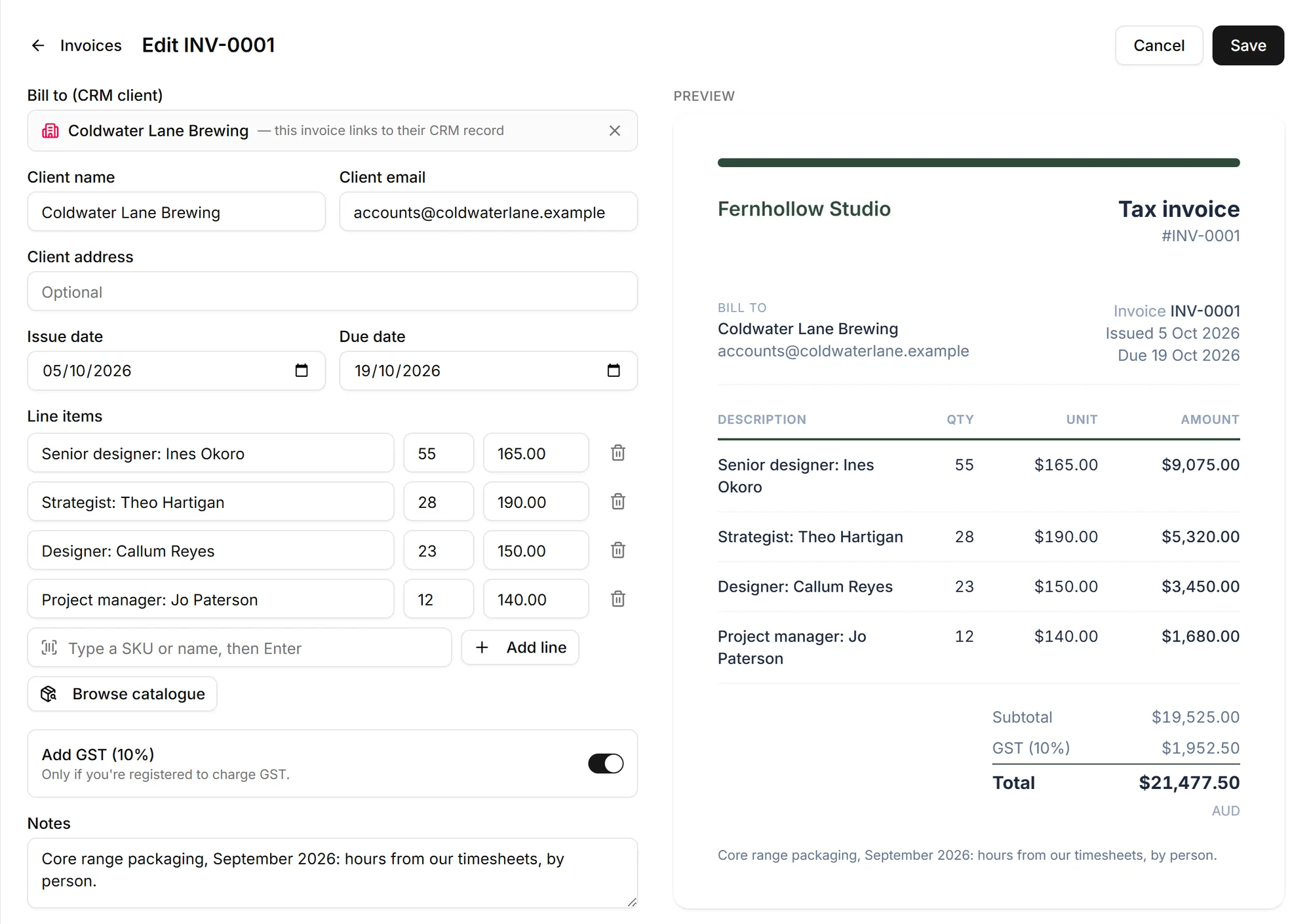 A draft tax invoice from the demo studio to a craft brewery, built from the month’s logged hours: one line per person at their rate, $19,525 plus GST