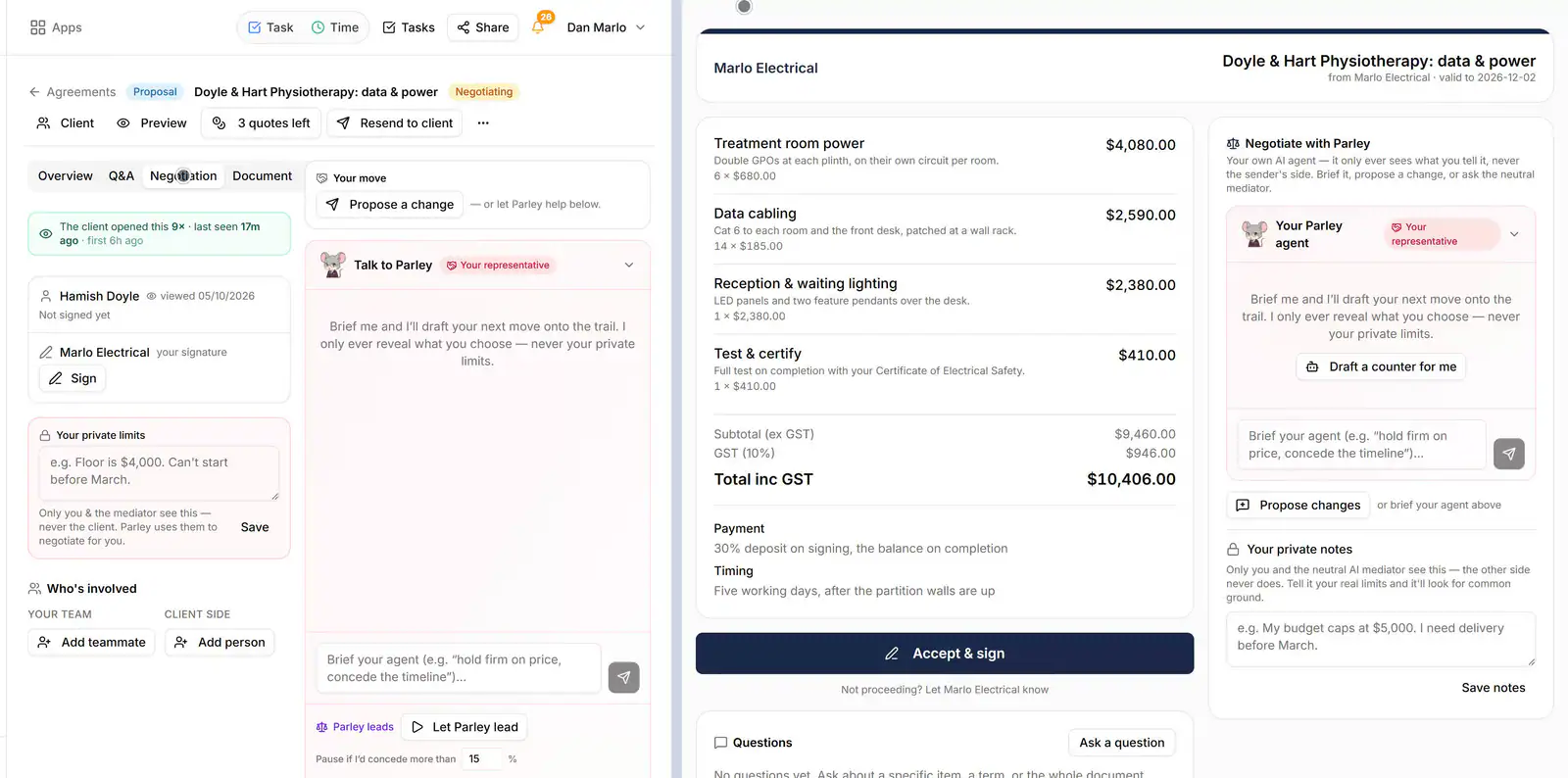 A recorded Parley negotiation between a demo electrician, on the left, and his client, on the right. Each side briefs its own AI agent, which reports back privately and puts an offer on the table: the client at $9,845, the electrician at $10,186 with an earlier start. The two prices sit side by side with the gap, the client opens Compare offers to see every line, and the neutral mediator suggests $9,884.60 including GST, inside both sides’ private limits; the electrician accepts and both sign